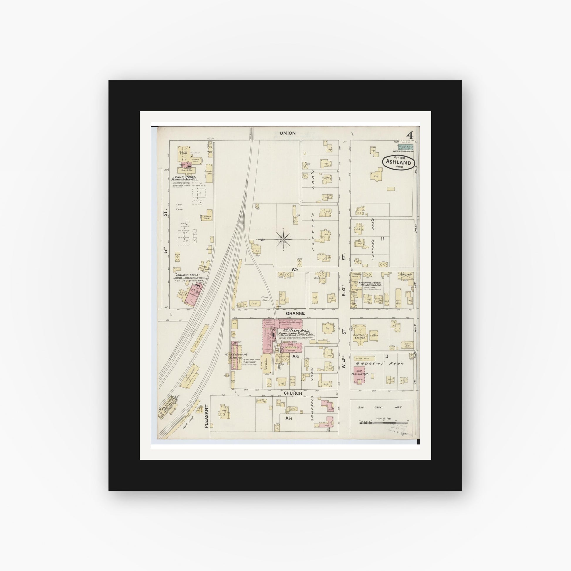 Old map wall art mockup — black gallery frame with white mat — Sanborn Fire Insurance Map from Ashland, Ashland County, Ohio (1888), Sheet #0004