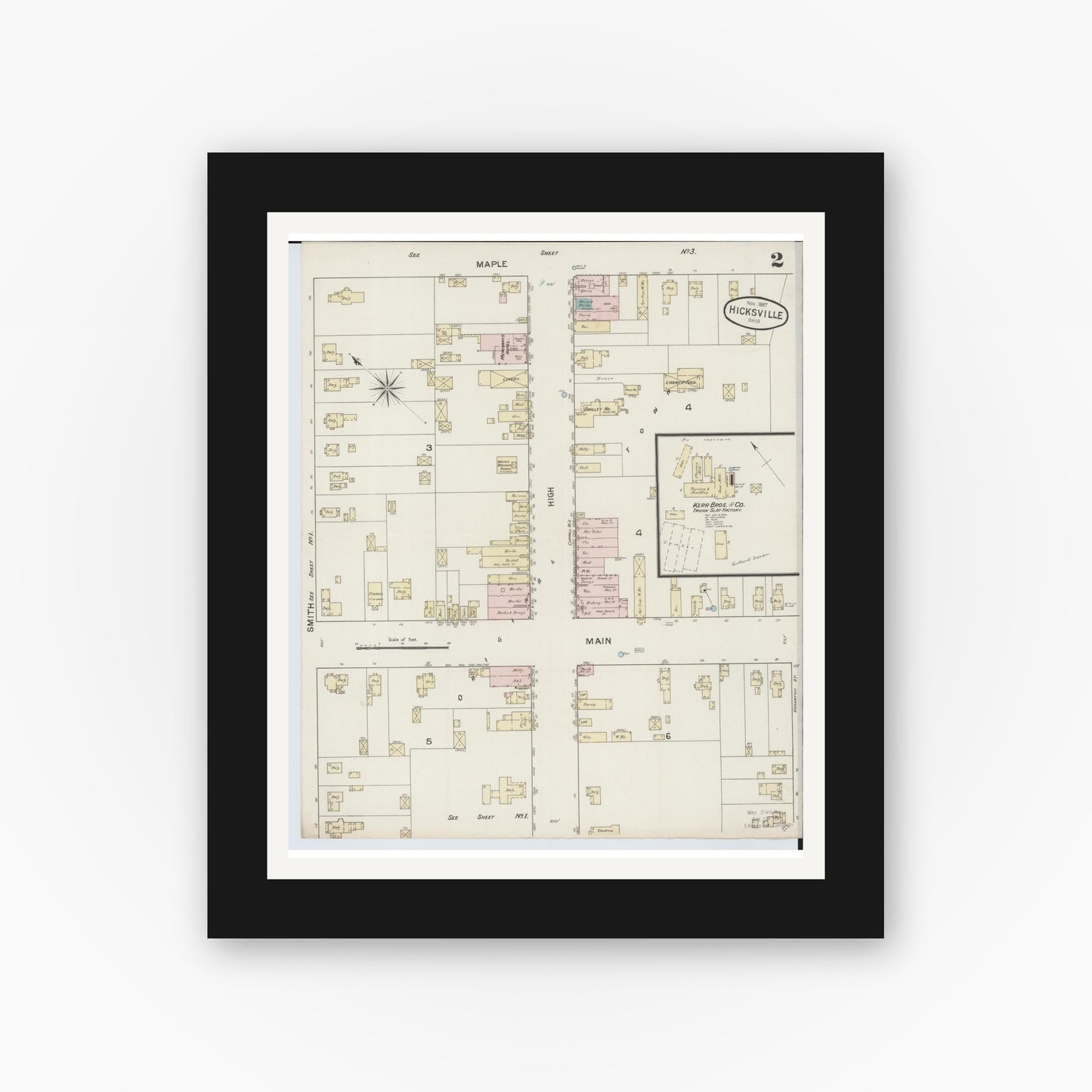 Old map wall art mockup — black gallery frame with white mat — Sanborn Fire Insurance Map from Hicksville, Defiance County, Ohio (1887), Sheet #0002