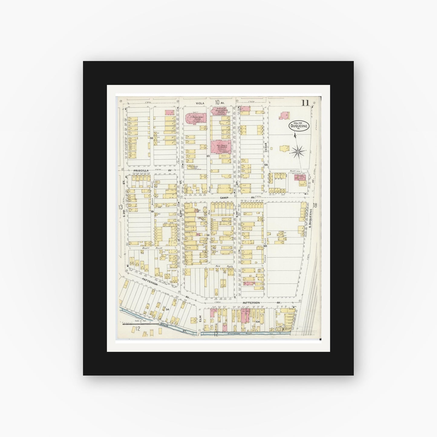 Old map wall art mockup — black gallery frame with white mat — Sanborn Fire Insurance Map from Duquesne, Allegheny County, Pennsylvania (1907), Sheet #0011