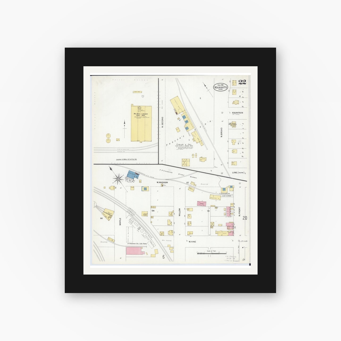 Old map wall art mockup — black gallery frame with white mat — Sanborn Fire Insurance Map from Mankato, Blue Earth County, Minnesota (1908), Sheet #0022