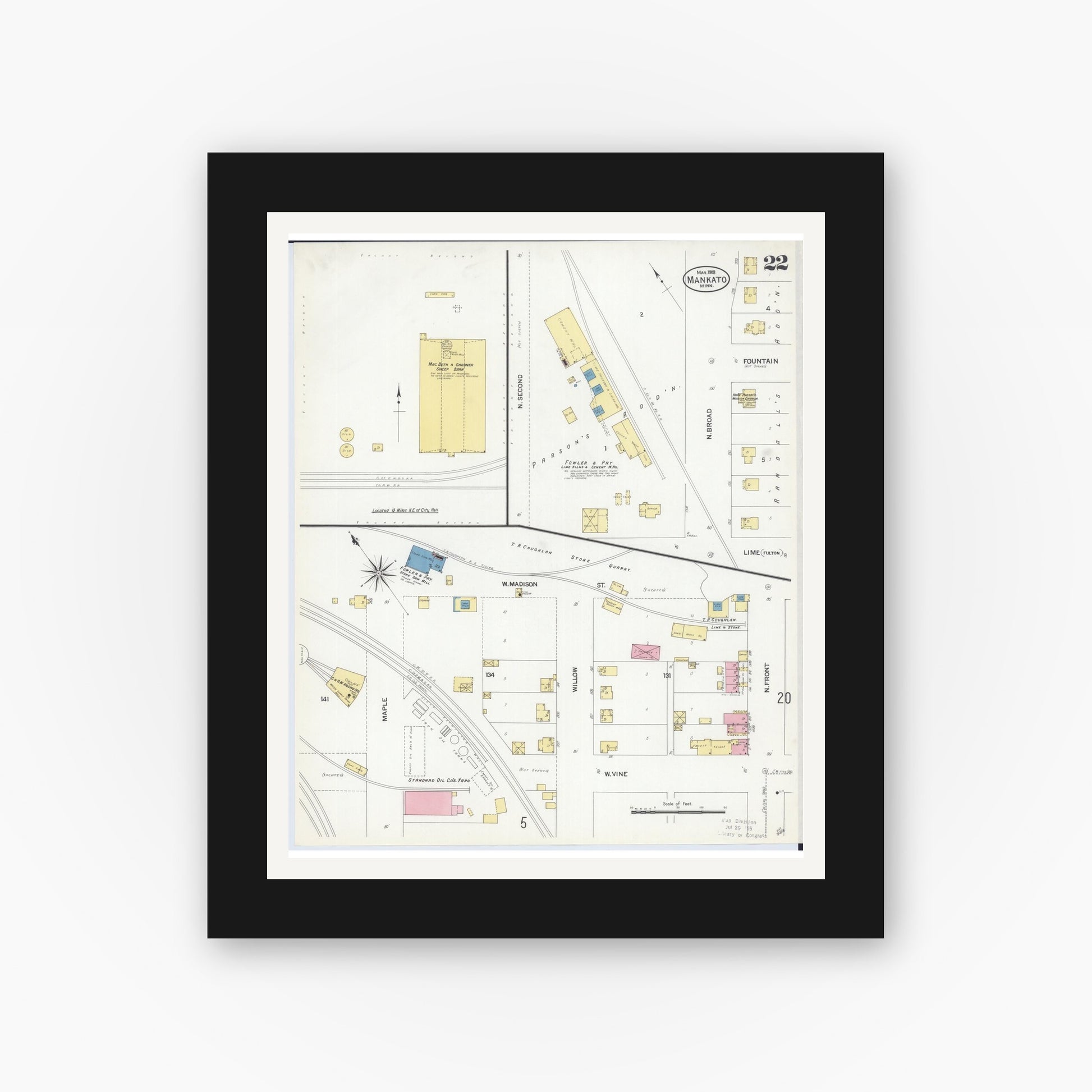 Old map wall art mockup — black gallery frame with white mat — Sanborn Fire Insurance Map from Mankato, Blue Earth County, Minnesota (1908), Sheet #0022