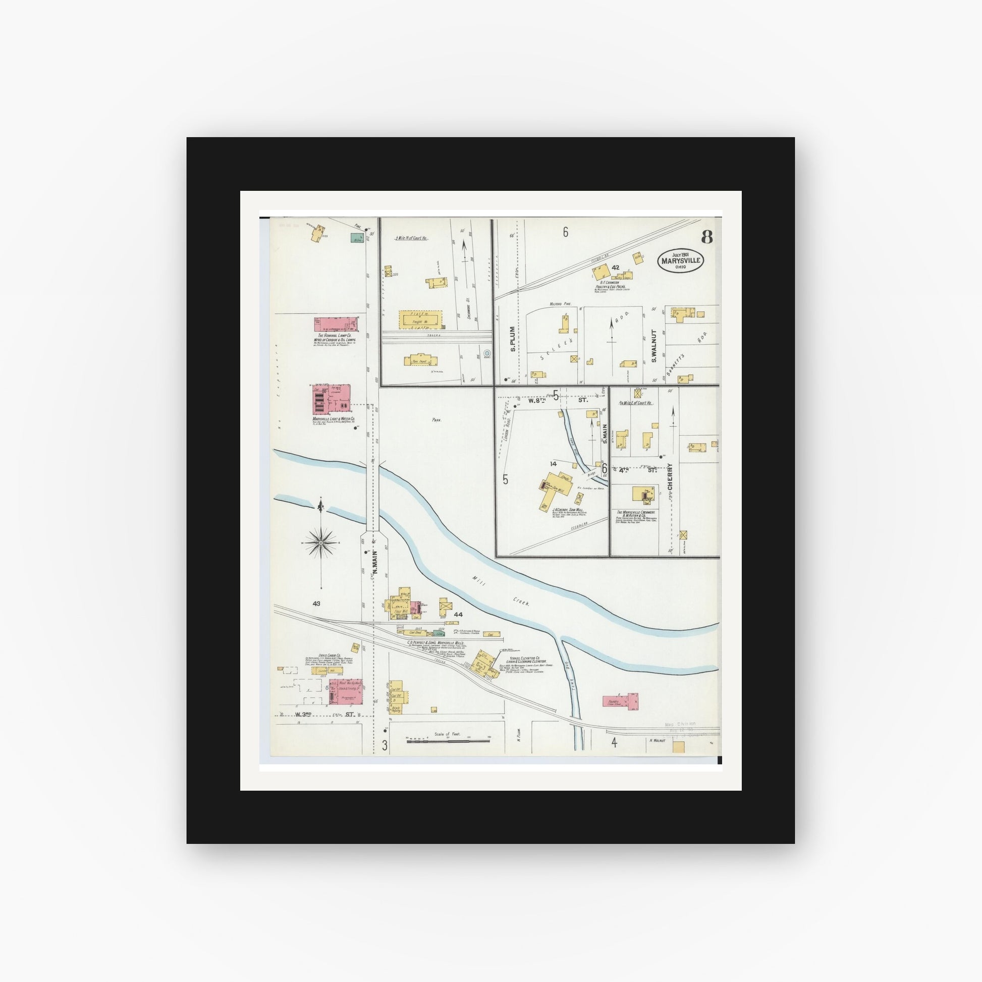 Old map wall art mockup — black gallery frame with white mat — Sanborn Fire Insurance Map from Marysville, Union County, Ohio (1901), Sheet #0008