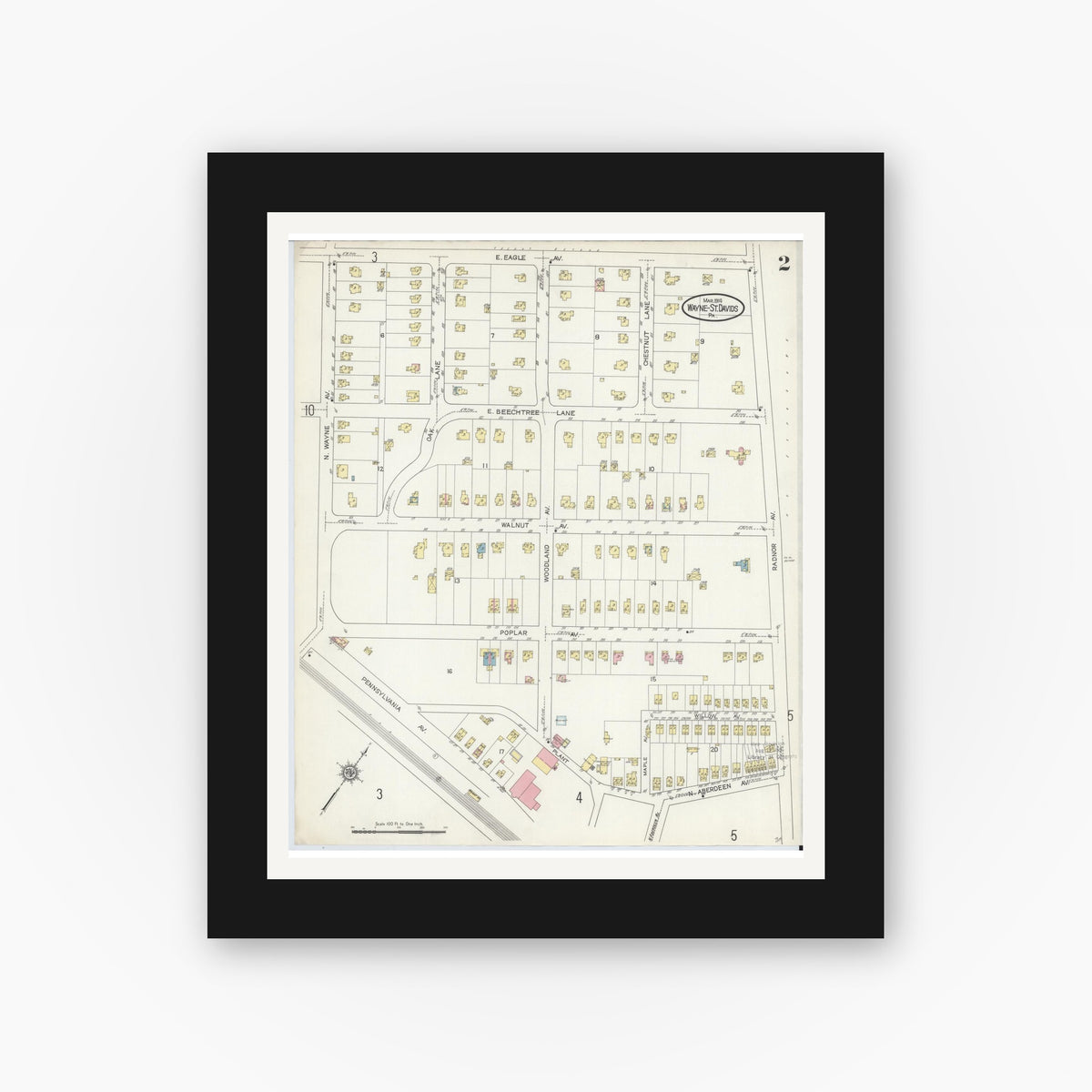 Old map wall art mockup — black gallery frame with white mat — Sanborn Fire Insurance Map from Wayne, Delaware County, Pennsylvania (1914), Sheet #0002