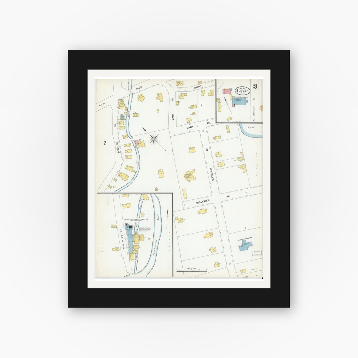 Old map wall art mockup — black gallery frame with white mat — Sanborn Fire Insurance Map from Butler, Morris County, New Jersey (1901), Sheet #0003
