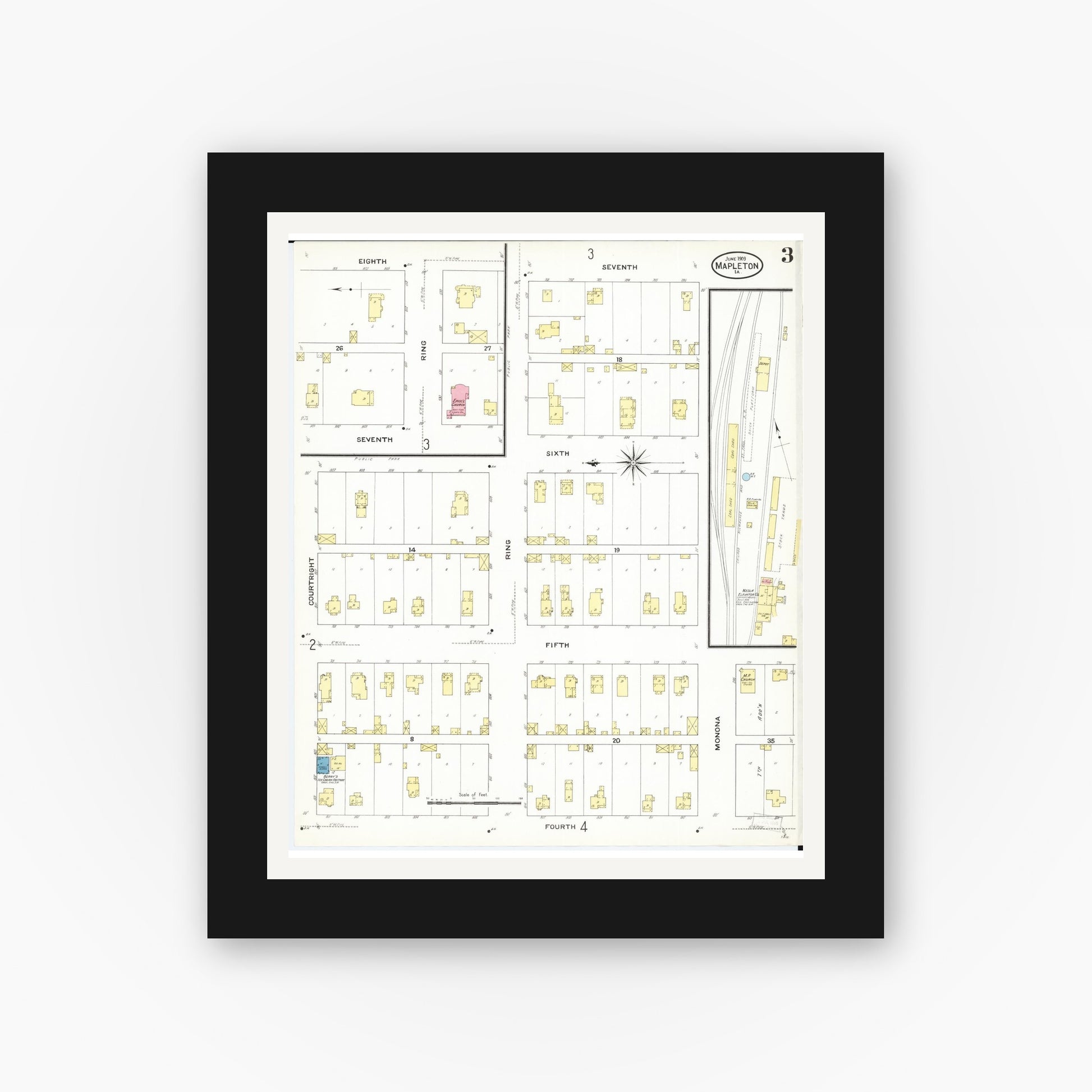Old map wall art mockup — black gallery frame with white mat — Sanborn Fire Insurance Map from Mapleton, Monona County, Iowa (1909), Sheet #0003