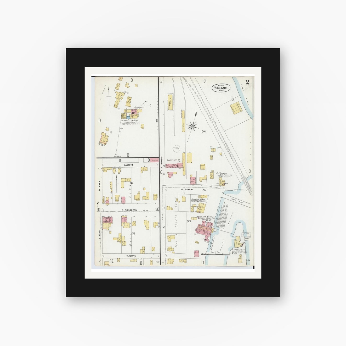 Old map wall art mockup — black gallery frame with white mat — Sanborn Fire Insurance Map from Ypsilanti, Washtenaw County, Michigan (1899), Sheet #0002