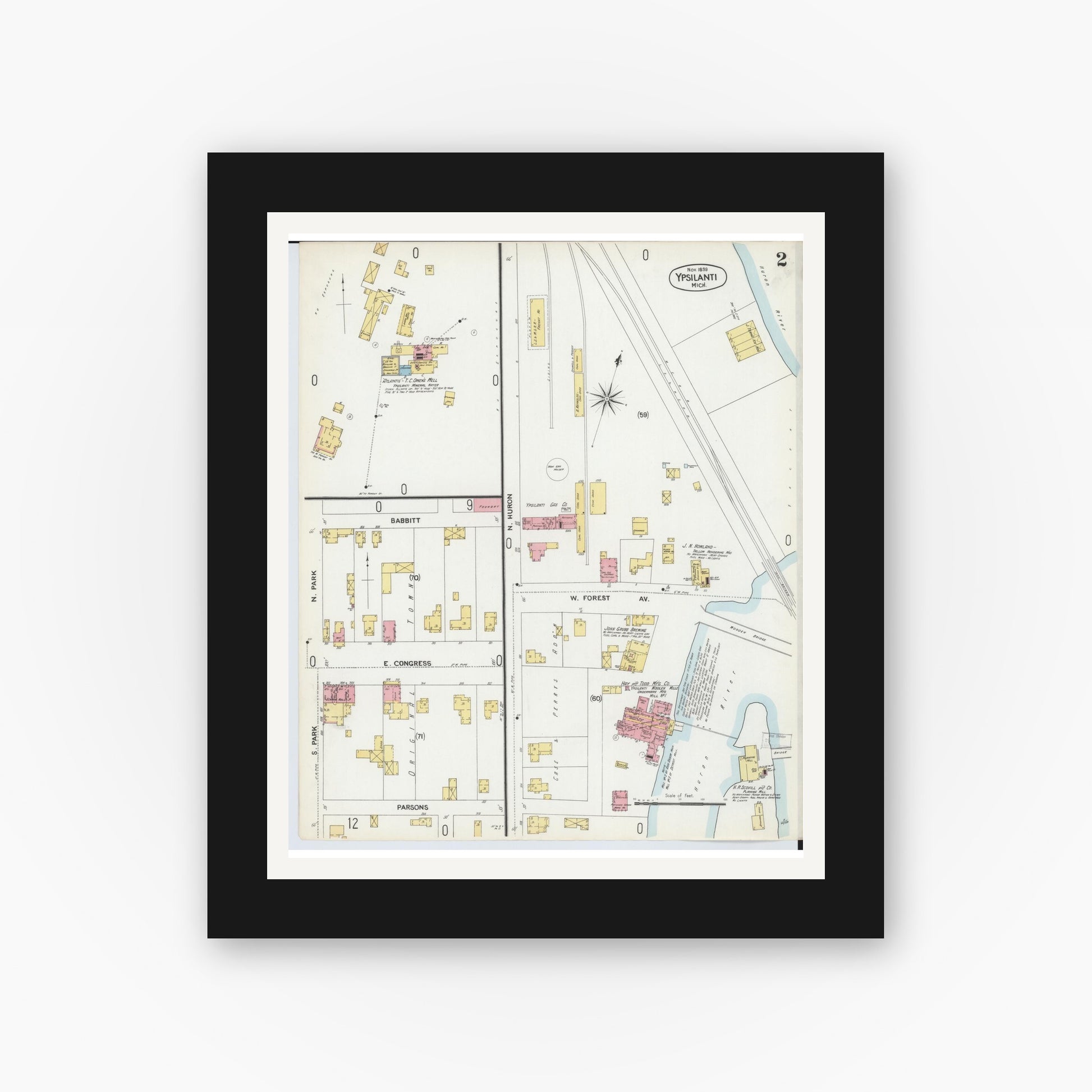 Old map wall art mockup — black gallery frame with white mat — Sanborn Fire Insurance Map from Ypsilanti, Washtenaw County, Michigan (1899), Sheet #0002