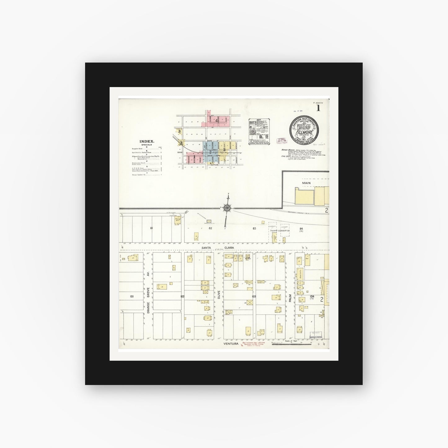 Old map wall art mockup — black gallery frame with white mat — Sanborn Fire Insurance Map from Fillmore, Ventura County, California (1911) - Complete Map Set