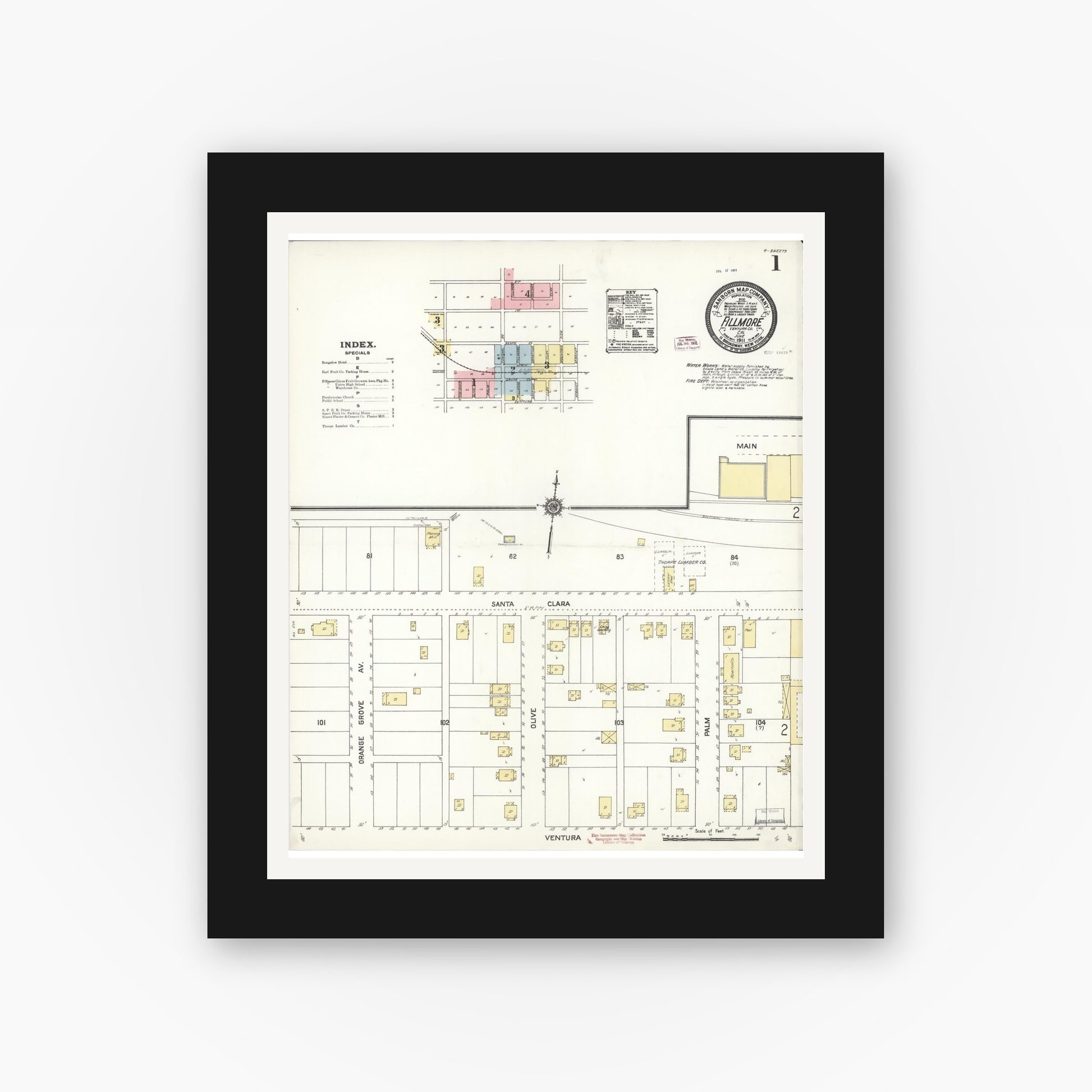 Old map wall art mockup — black gallery frame with white mat — Sanborn Fire Insurance Map from Fillmore, Ventura County, California (1911) - Complete Map Set