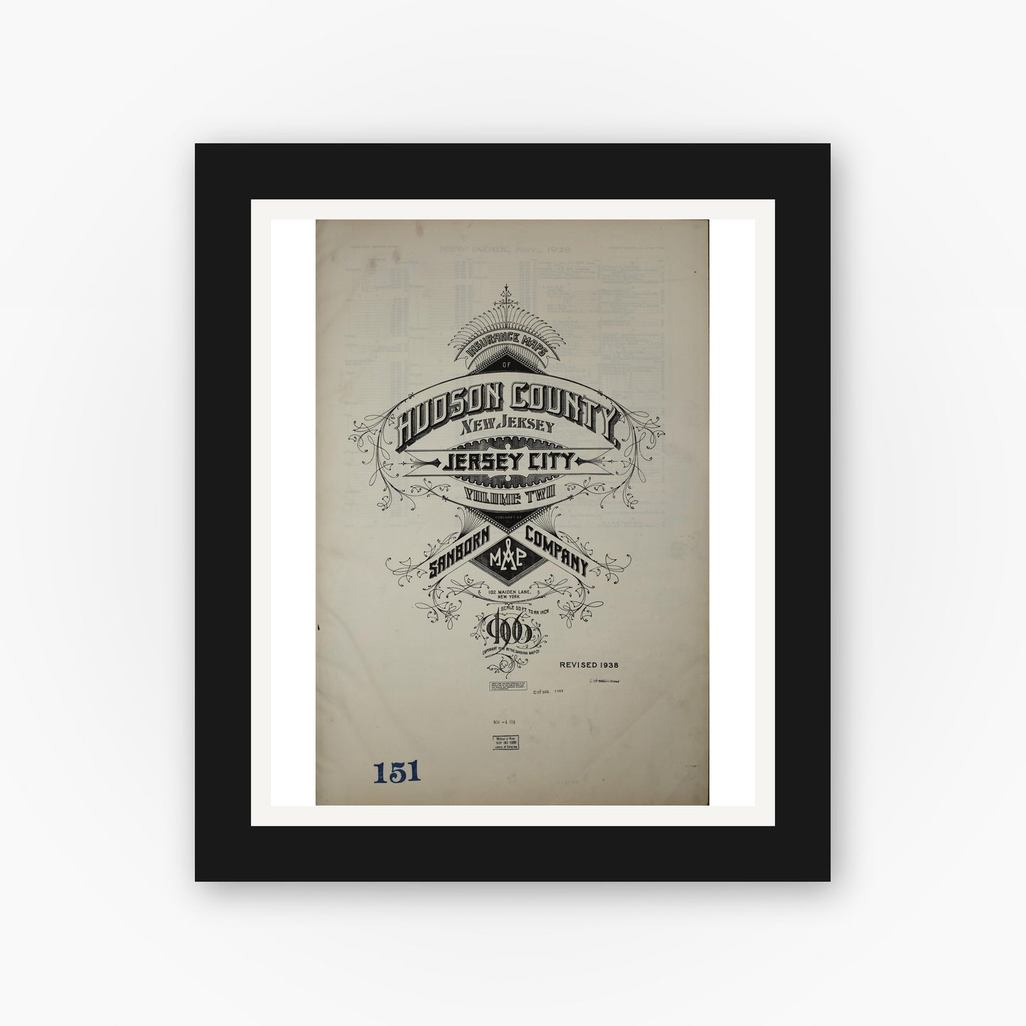 Old map wall art mockup — black gallery frame with white mat — Sanborn Fire Insurance Map from Hudson Co., Hudson County, New Jersey (1938) - Complete Map Set