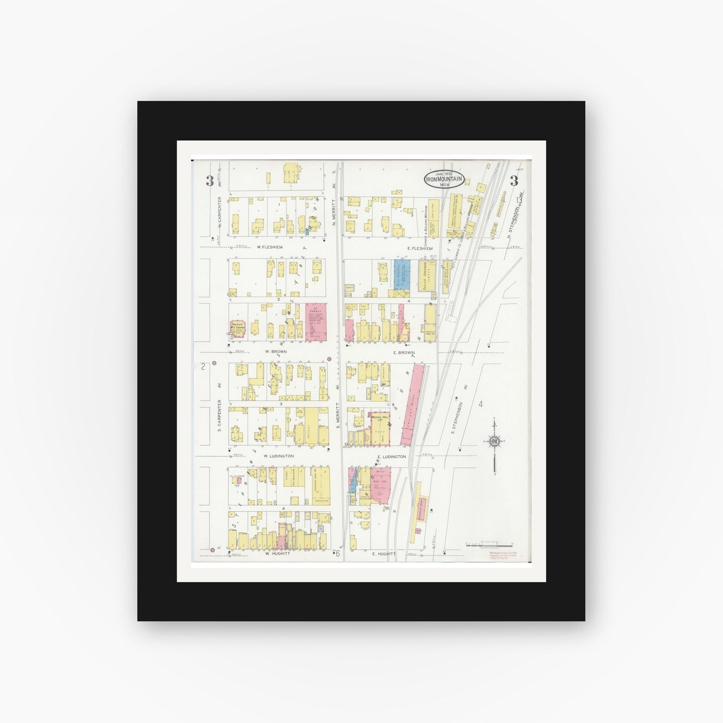Old map wall art mockup — black gallery frame with white mat — Sanborn Fire Insurance Map from Iron Mountain, Dickinson County, Michigan (1930), Sheet #0003