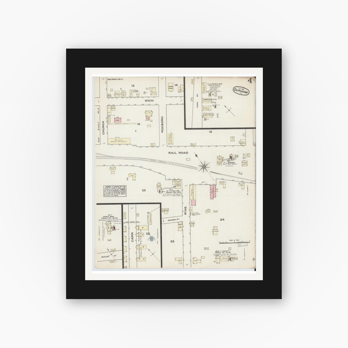 Old map wall art mockup — black gallery frame with white mat — Sanborn Fire Insurance Map from Durham, Durham County, North Carolina (1884), Sheet #0004
