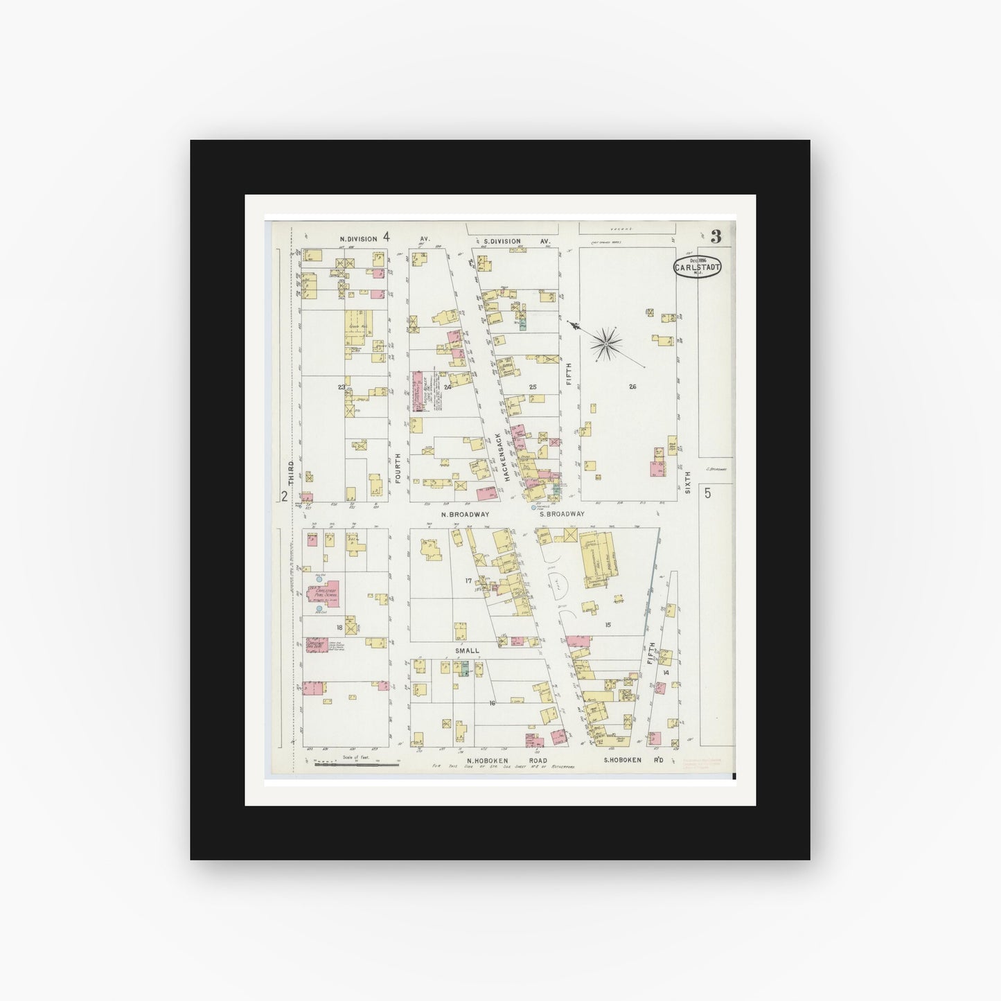 Old map wall art mockup — black gallery frame with white mat — Sanborn Fire Insurance Map from Carlstadt, Bergen County, New Jersey (1896), Sheet #0003
