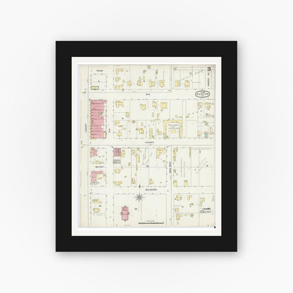 Old map wall art mockup — black gallery frame with white mat — Sanborn Fire Insurance Map from Denton, Denton County, Texas (1896), Sheet #0003