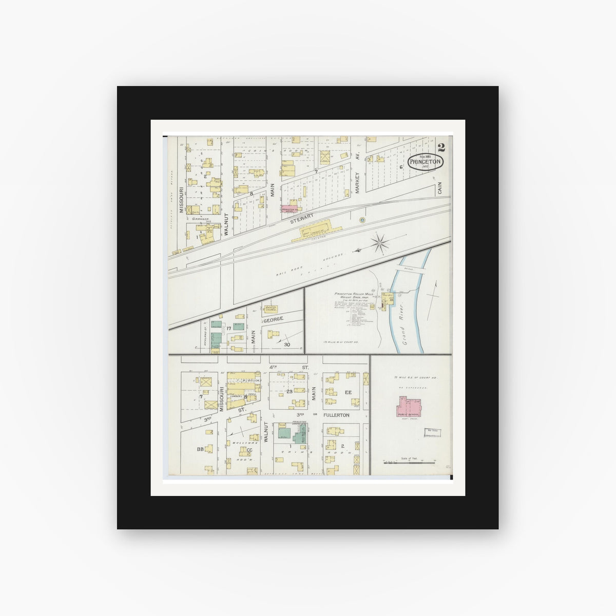 Old map wall art mockup — black gallery frame with white mat — Sanborn Fire Insurance Map from Princeton, Mercer County, Missouri (1893), Sheet #0002