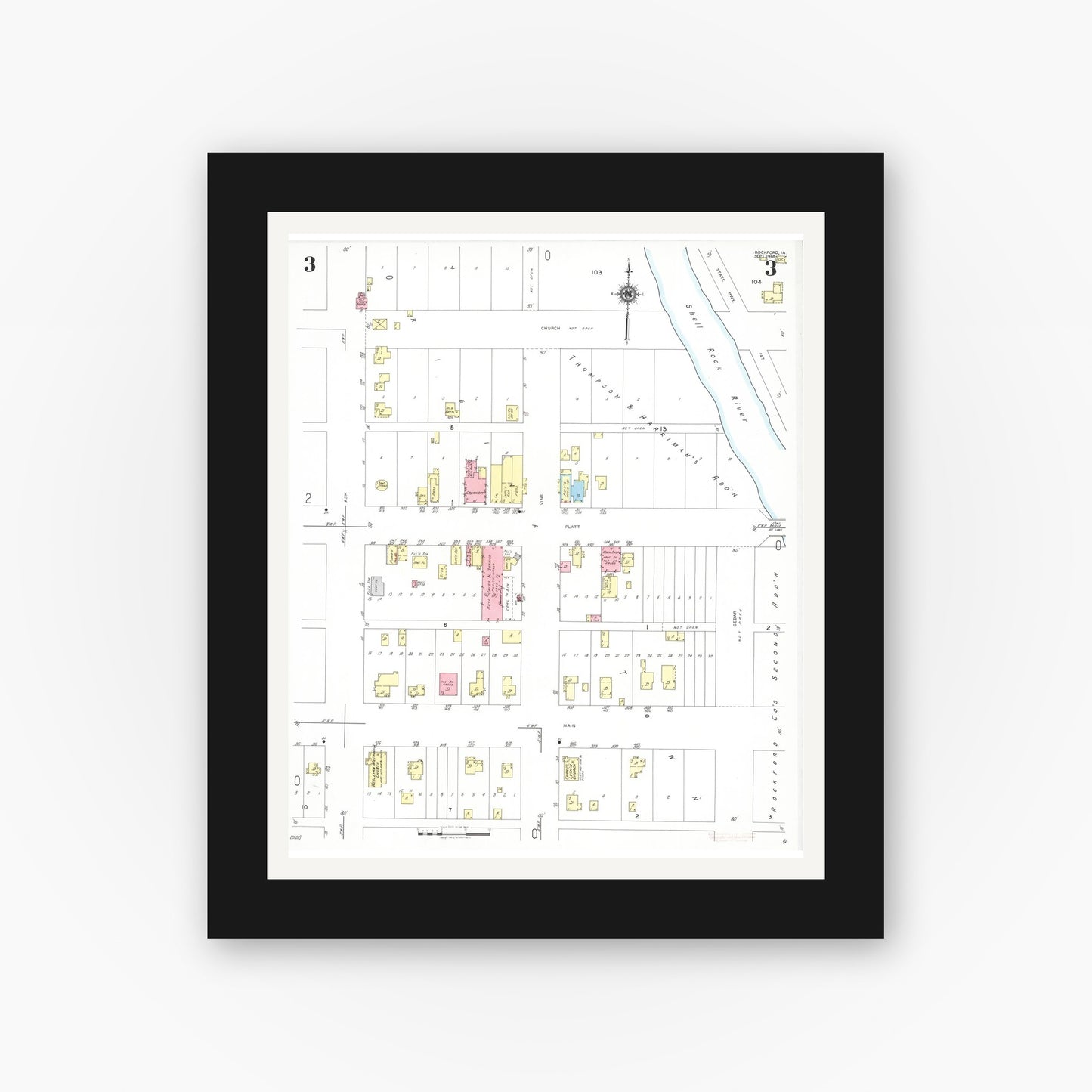 Old map wall art mockup — black gallery frame with white mat — Sanborn Fire Insurance Map from Rockford, Floyd County, Iowa (1948), Sheet #0003