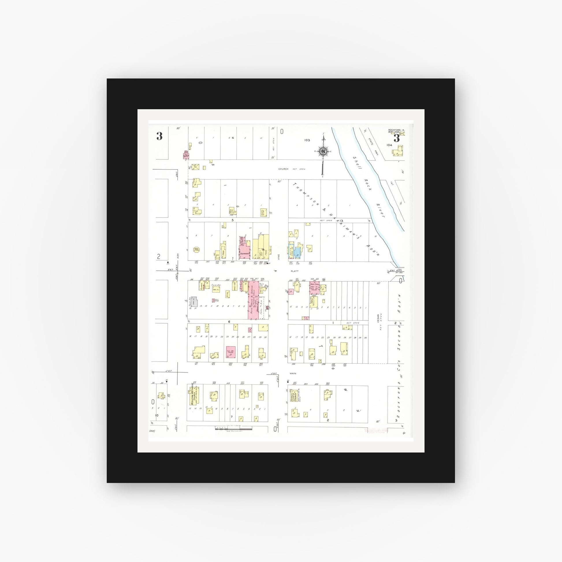 Old map wall art mockup — black gallery frame with white mat — Sanborn Fire Insurance Map from Rockford, Floyd County, Iowa (1948), Sheet #0003