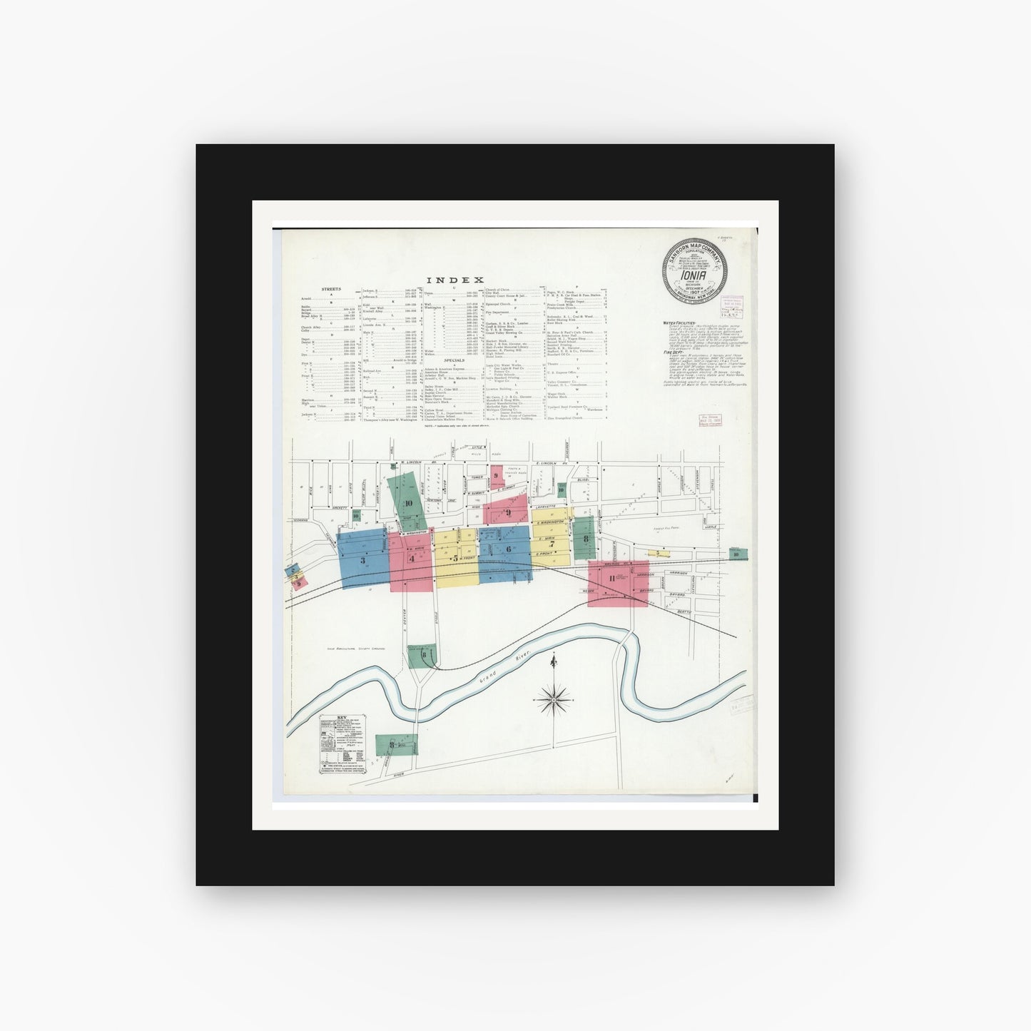 Old map wall art mockup — black gallery frame with white mat — Sanborn Fire Insurance Map from Ionia, Ionia County, Michigan (1907) - Complete Map Set