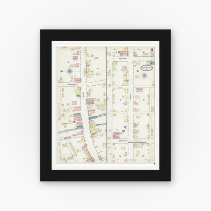 Old map wall art mockup — black gallery frame with white mat — Sanborn Fire Insurance Map from Everett, Bedford County, Pennsylvania (1891), Sheet #0003