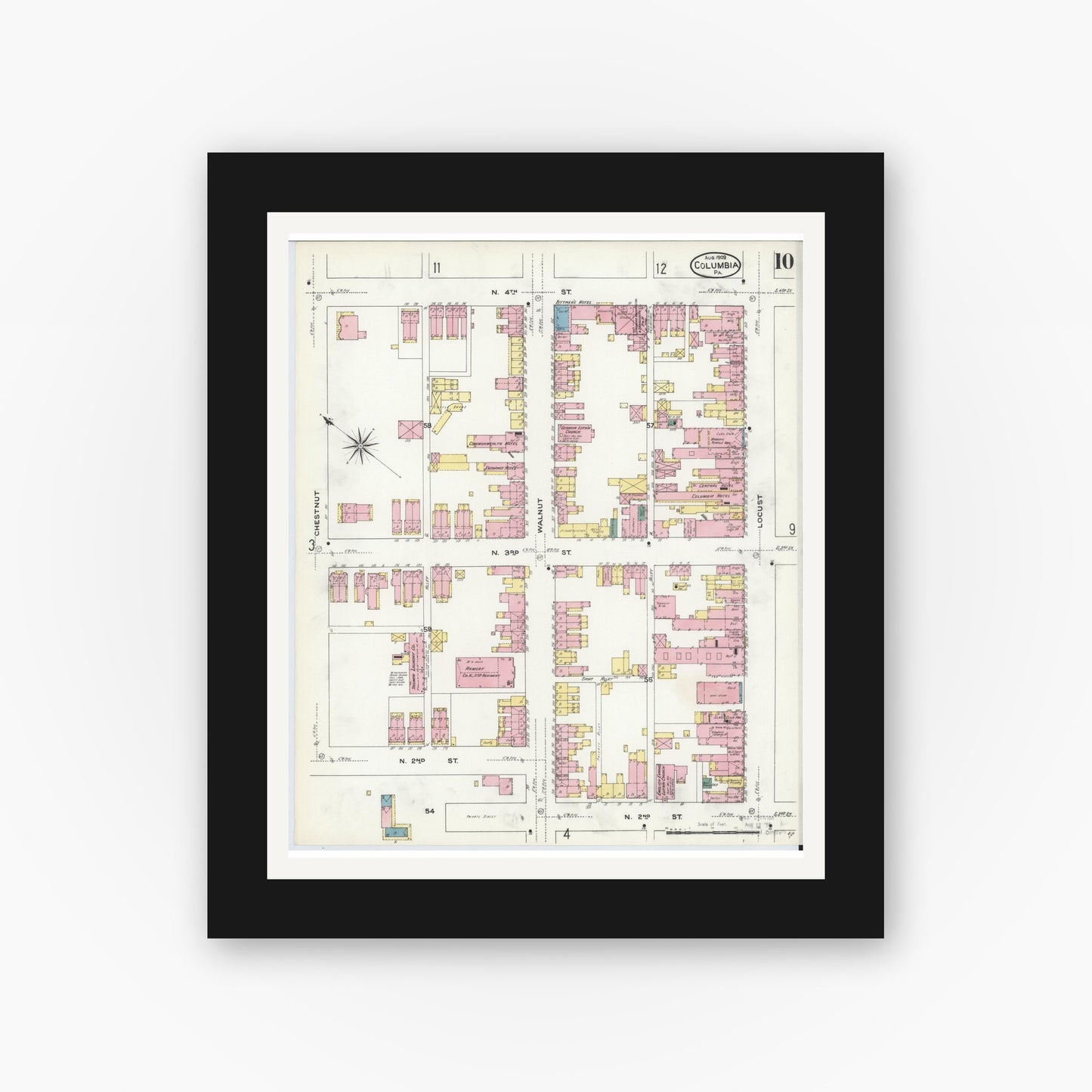 Old map wall art mockup — black gallery frame with white mat — Sanborn Fire Insurance Map from Columbia, Lancaster County, Pennsylvania (1909), Sheet #0010