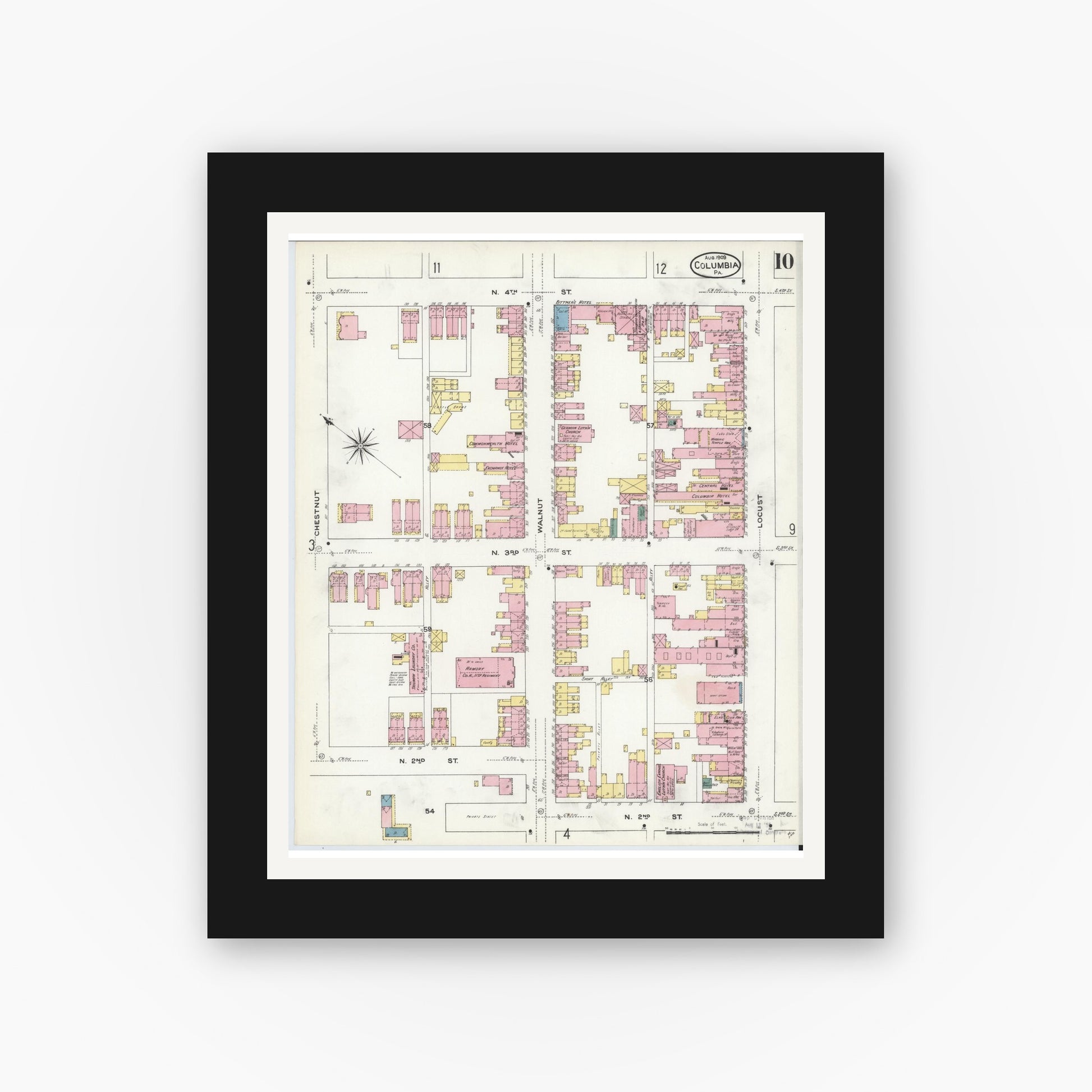Old map wall art mockup — black gallery frame with white mat — Sanborn Fire Insurance Map from Columbia, Lancaster County, Pennsylvania (1909), Sheet #0010