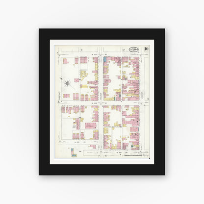 Old map wall art mockup — black gallery frame with white mat — Sanborn Fire Insurance Map from Columbia, Lancaster County, Pennsylvania (1909), Sheet #0010