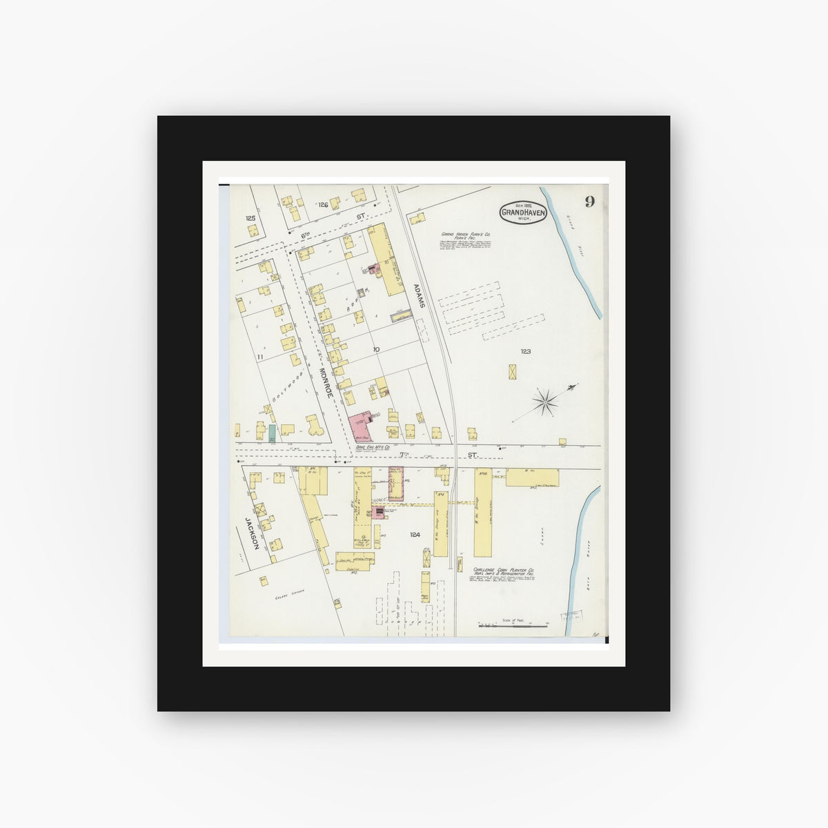 Old map wall art mockup — black gallery frame with white mat — Sanborn Fire Insurance Map from Grand Haven, Ottawa County, Michigan (1892), Sheet #0009