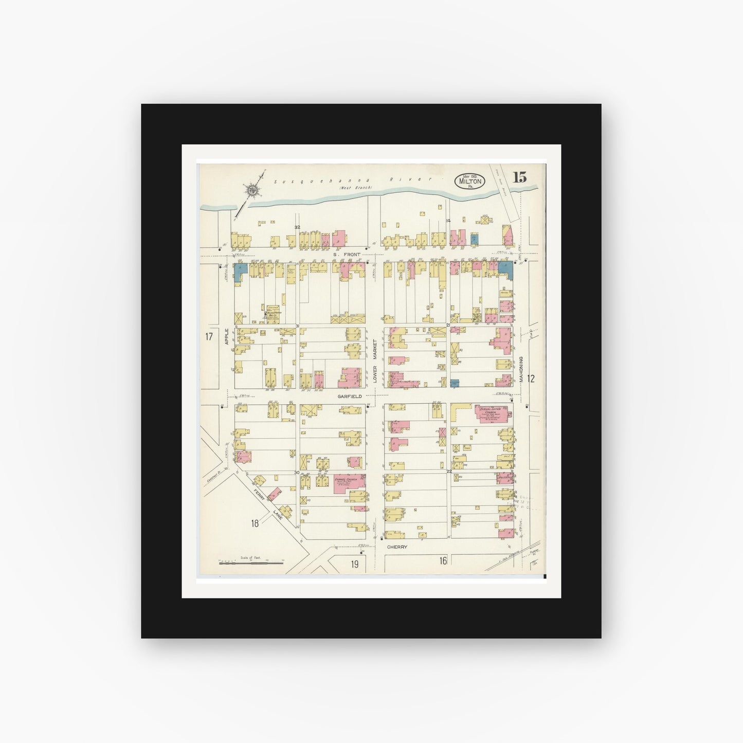 Old map wall art mockup — black gallery frame with white mat — Sanborn Fire Insurance Map from Milton, Northumberland County, Pennsylvania (1913), Sheet #0015