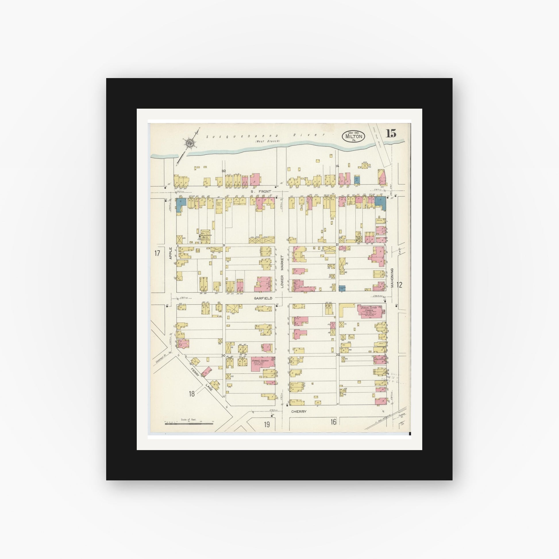 Old map wall art mockup — black gallery frame with white mat — Sanborn Fire Insurance Map from Milton, Northumberland County, Pennsylvania (1913), Sheet #0015