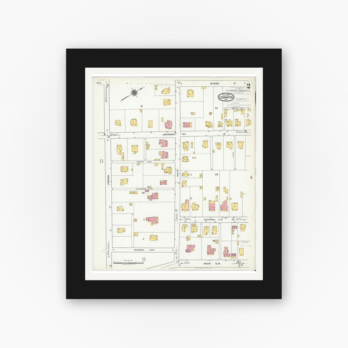 Old map wall art mockup — black gallery frame with white mat — Sanborn Fire Insurance Map from Lexington, Independent Cities, Virginia (1920), Sheet #0002