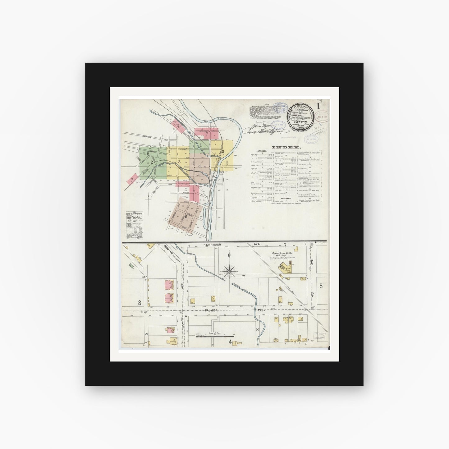 Old map wall art mockup — black gallery frame with white mat — Sanborn Fire Insurance Map from Patton, Cambria County, Pennsylvania (1898) - Complete Map Set