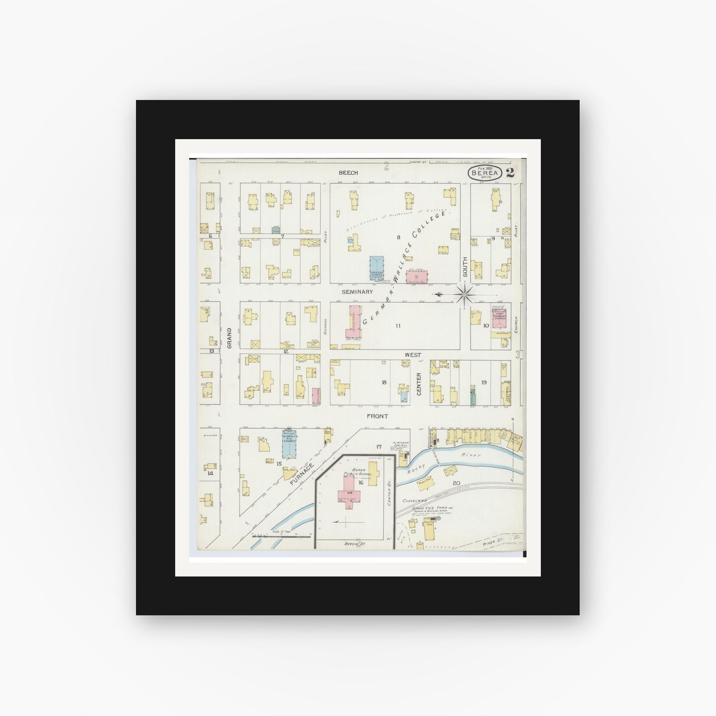 Old map wall art mockup — black gallery frame with white mat — Sanborn Fire Insurance Map from Berea, Cuyahoga County, Ohio (1893), Sheet #0002