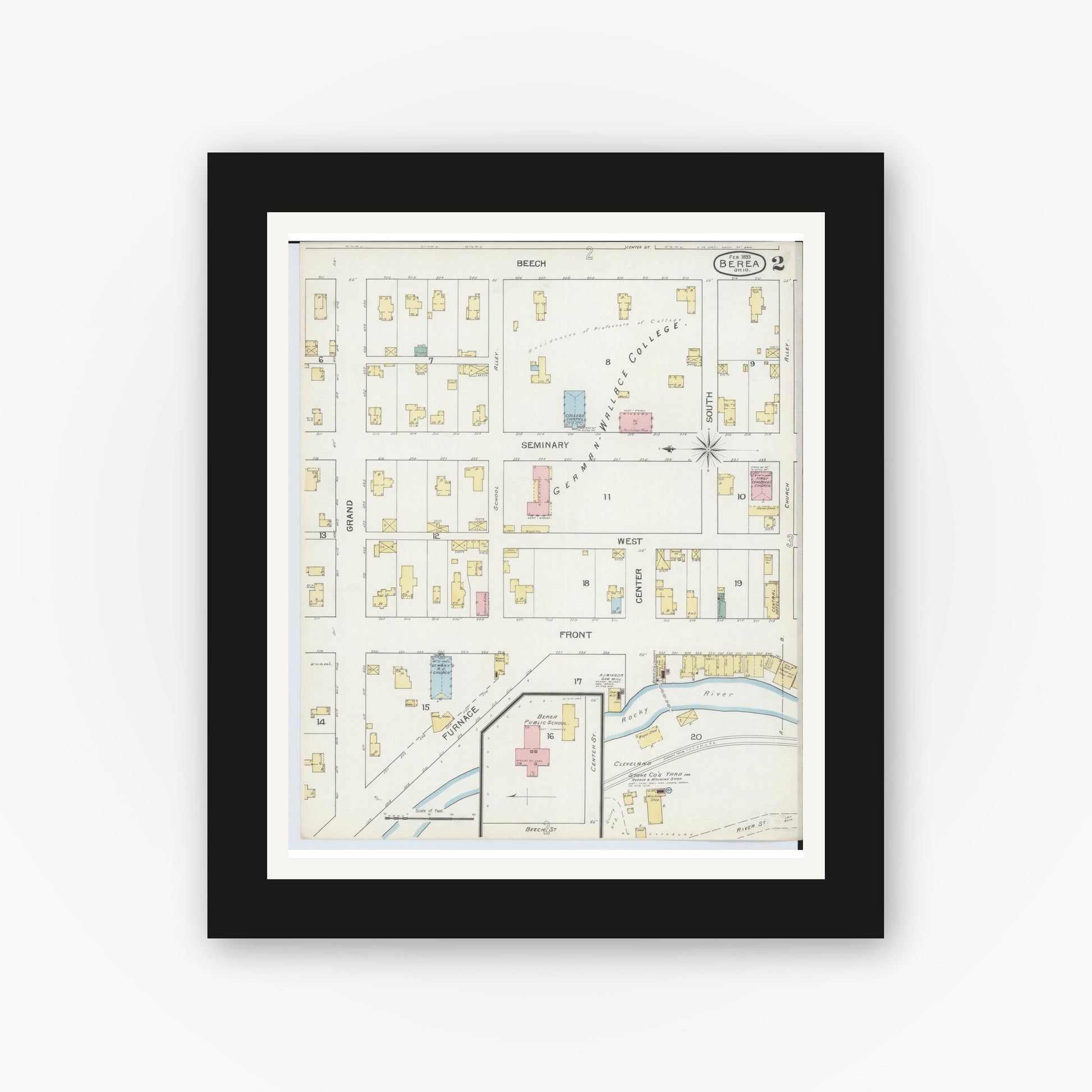 Old map wall art mockup — black gallery frame with white mat — Sanborn Fire Insurance Map from Berea, Cuyahoga County, Ohio (1893), Sheet #0002