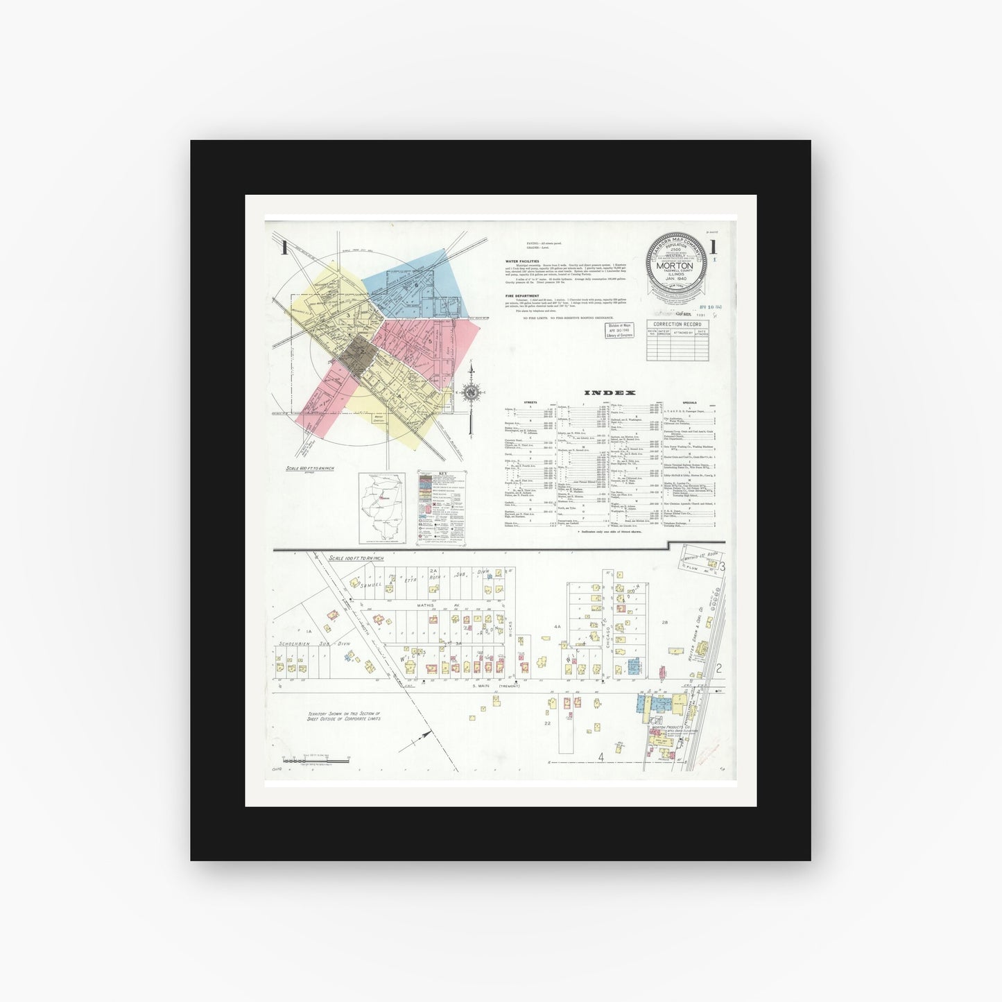 Old map wall art mockup — black gallery frame with white mat — Sanborn Fire Insurance Map from Morton, Tazewell County, Illinois (1940), Sheet #0001