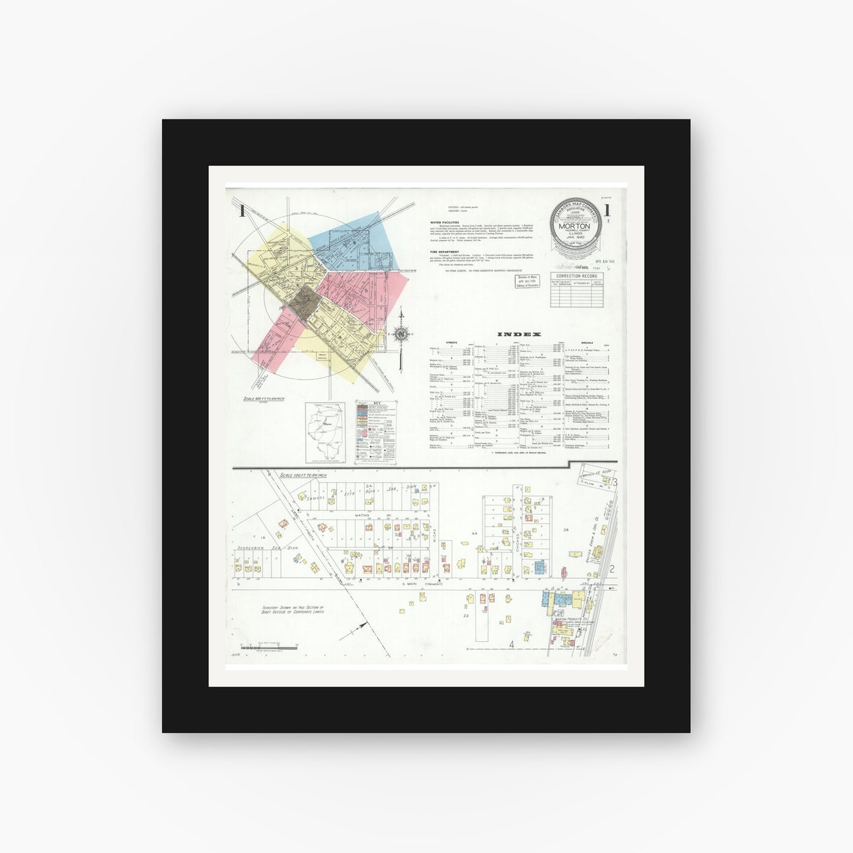 Old map wall art mockup — black gallery frame with white mat — Sanborn Fire Insurance Map from Morton, Tazewell County, Illinois (1940), Sheet #0001