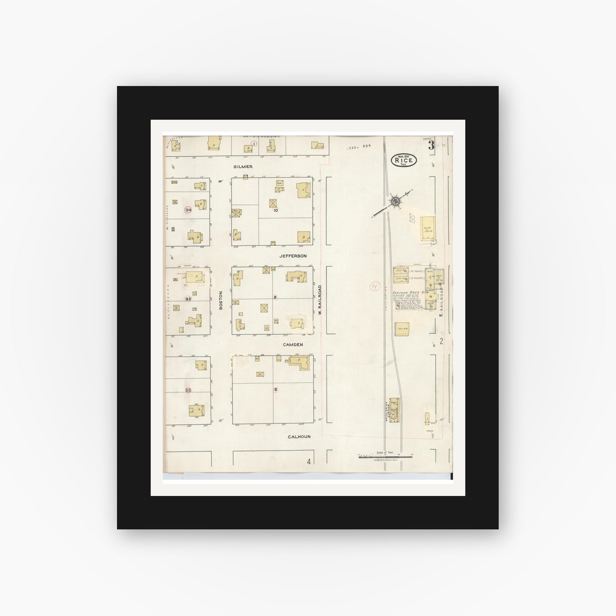 Old map wall art mockup — black gallery frame with white mat — Sanborn Fire Insurance Map from Rice, Navarro County, Texas (1935), Sheet #0003