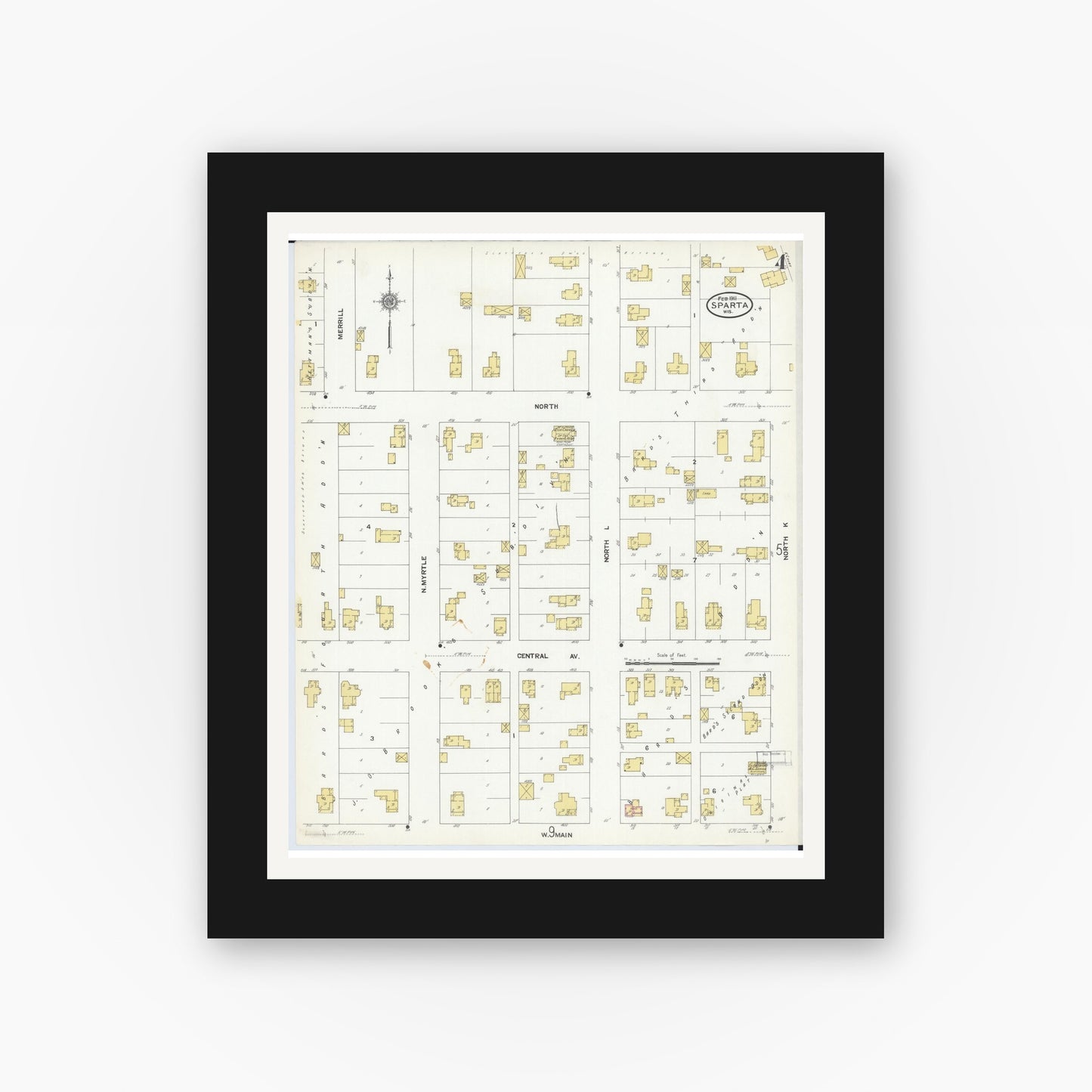 Old map wall art mockup — black gallery frame with white mat — Sanborn Fire Insurance Map from Sparta, Monroe County, Wisconsin (1911), Sheet #0004