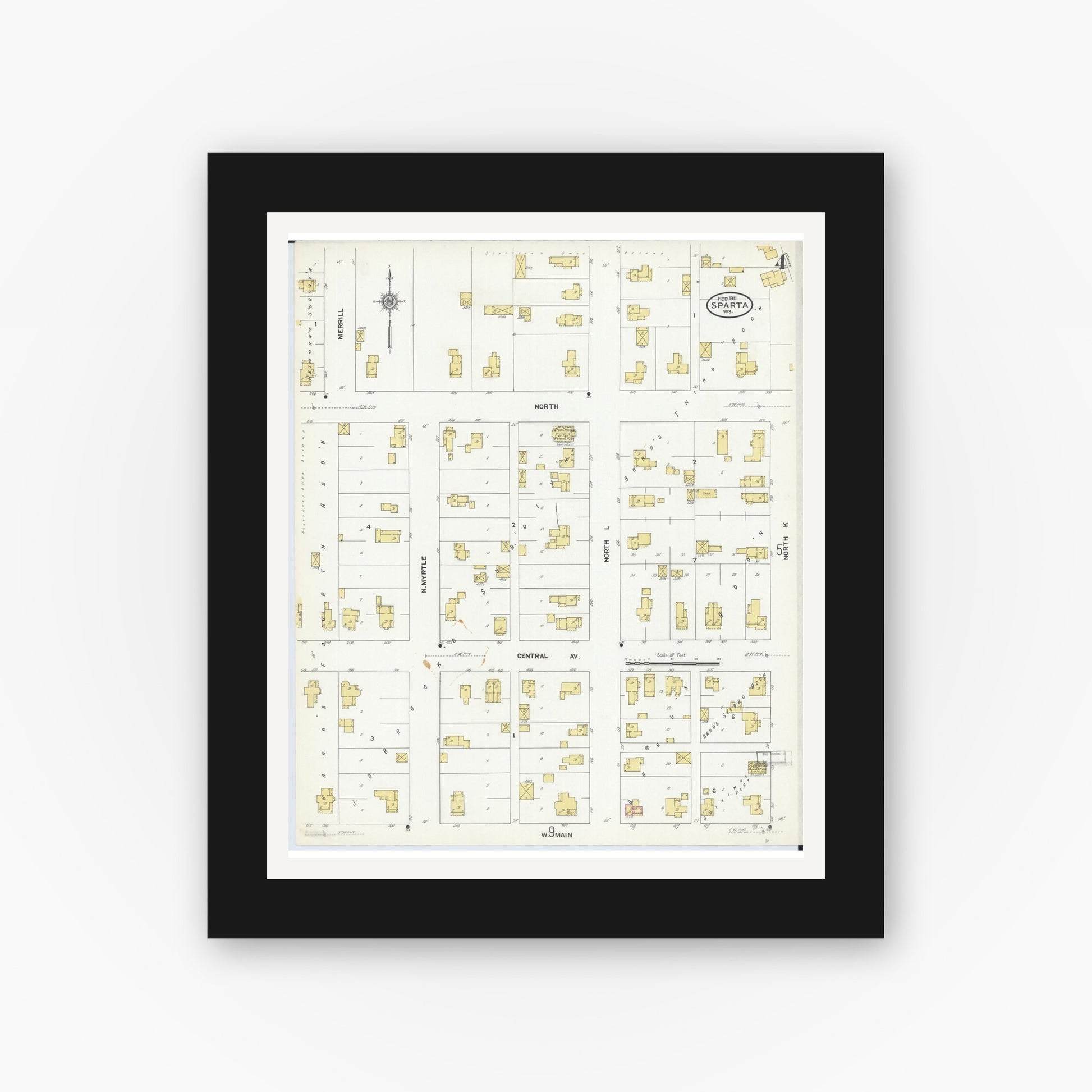 Old map wall art mockup — black gallery frame with white mat — Sanborn Fire Insurance Map from Sparta, Monroe County, Wisconsin (1911), Sheet #0004