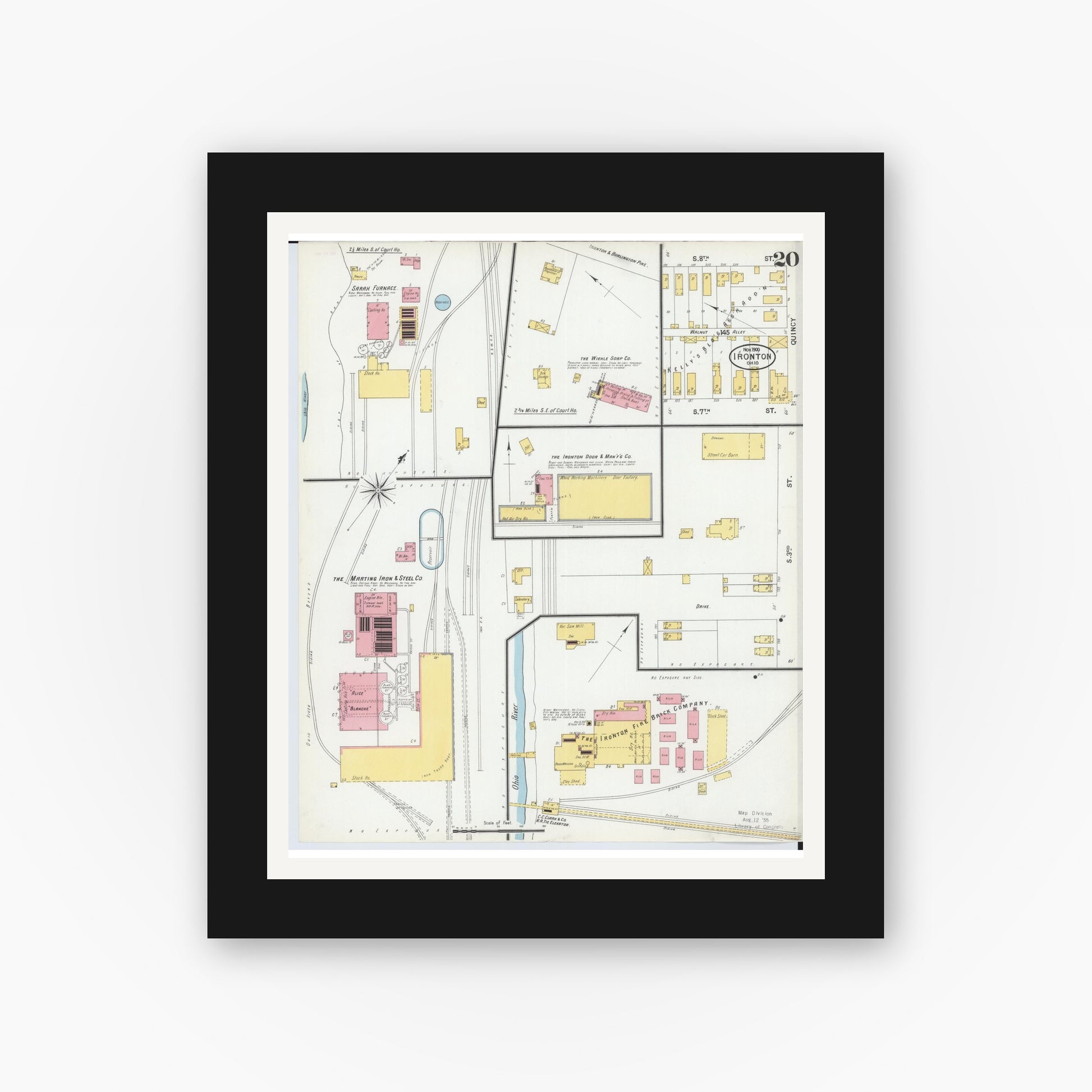 Old map wall art mockup — black gallery frame with white mat — Sanborn Fire Insurance Map from Ironton, Lawrence County, Ohio (1900), Sheet #0020