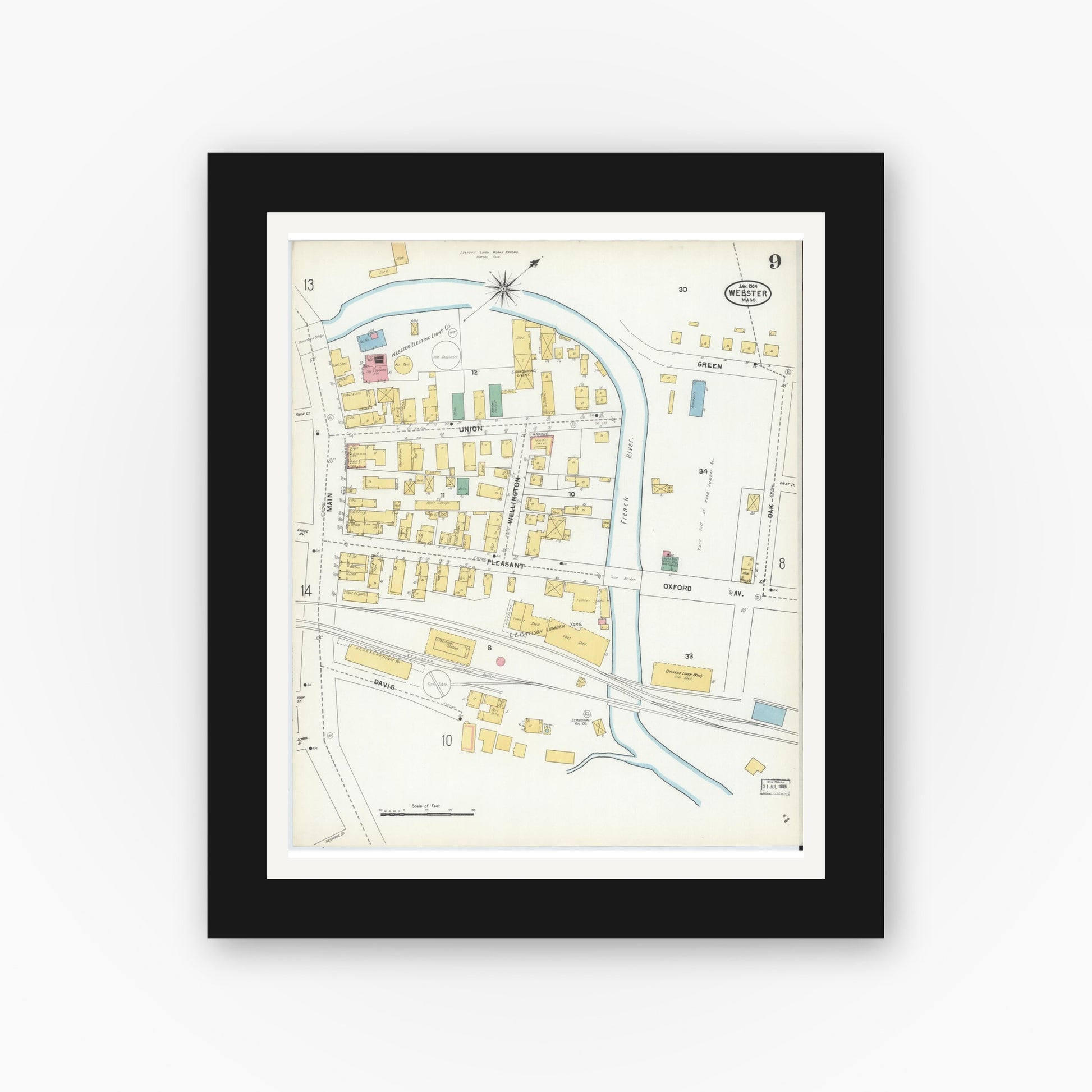 Old map wall art mockup — black gallery frame with white mat — Sanborn Fire Insurance Map from Webster, Worcester County, Massachusetts (1904), Sheet #0009