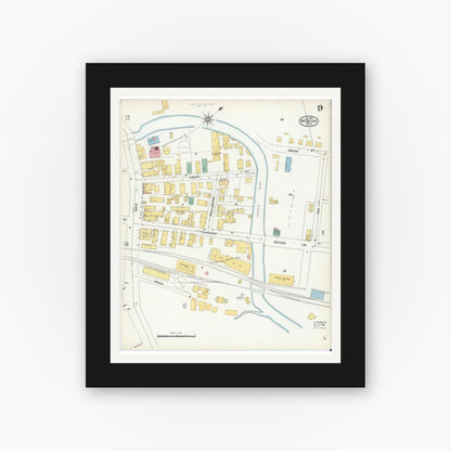 Old map wall art mockup — black gallery frame with white mat — Sanborn Fire Insurance Map from Webster, Worcester County, Massachusetts (1904), Sheet #0009