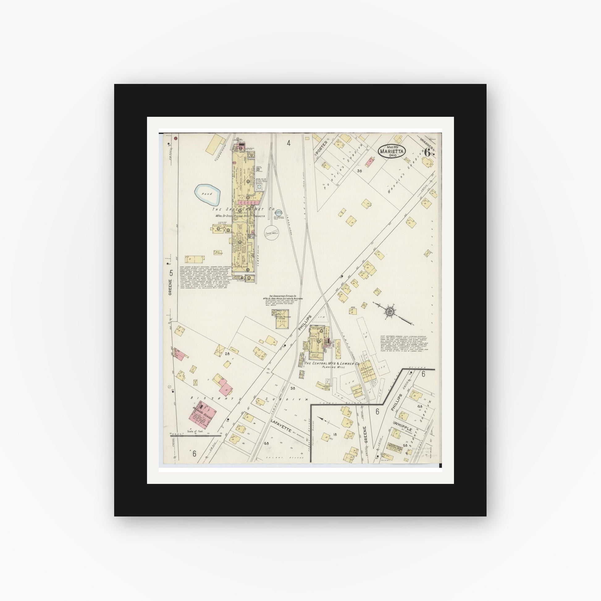 Old map wall art mockup — black gallery frame with white mat — Sanborn Fire Insurance Map from Marietta, Washington County, Ohio (1915), Sheet #0006