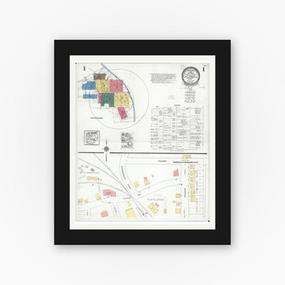 Old map wall art mockup — black gallery frame with white mat — Sanborn Fire Insurance Map from Caldwell, Noble County, Ohio (1923), Sheet #0001