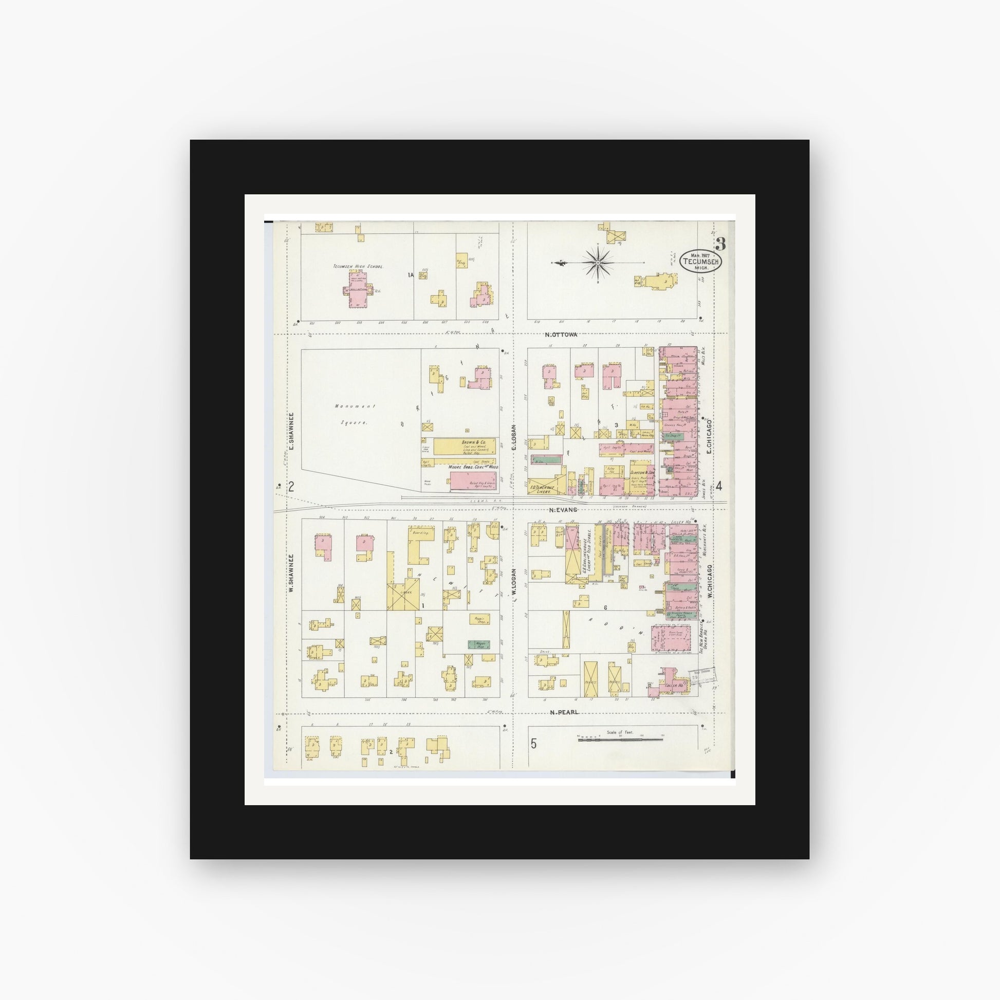 Old map wall art mockup — black gallery frame with white mat — Sanborn Fire Insurance Map from Tecumseh, Lenawee County, Michigan (1907), Sheet #0003
