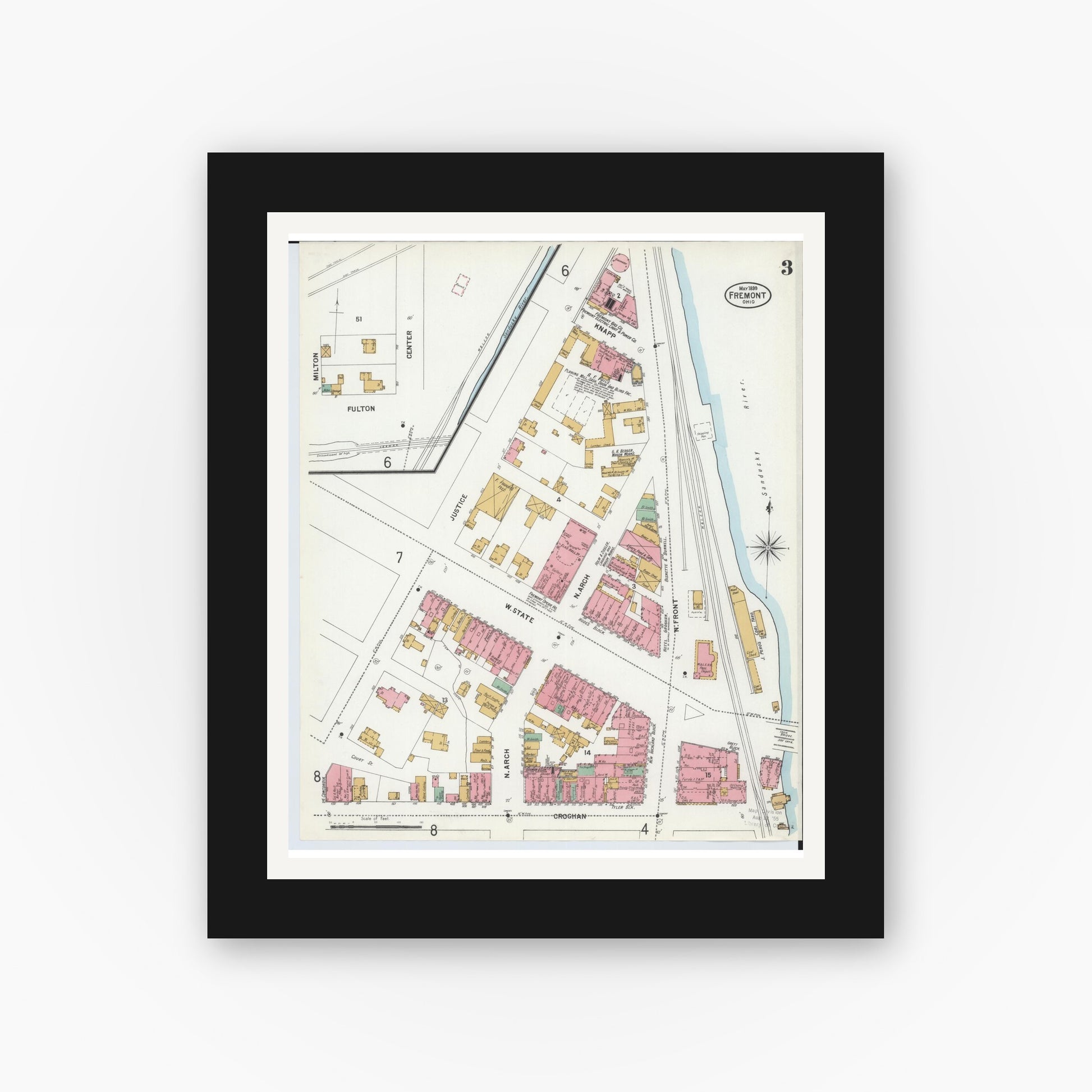 Old map wall art mockup — black gallery frame with white mat — Sanborn Fire Insurance Map from Fremont, Sandusky County, Ohio (1899), Sheet #0003