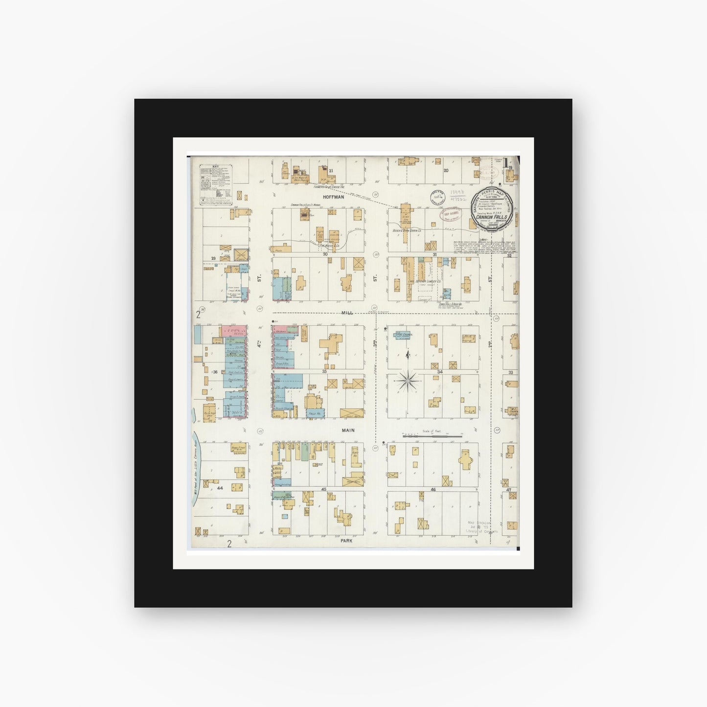Old map wall art mockup — black gallery frame with white mat — Sanborn Fire Insurance Map from Cannon Falls, Goodhue County, Minnesota (1899) - Complete Map Set