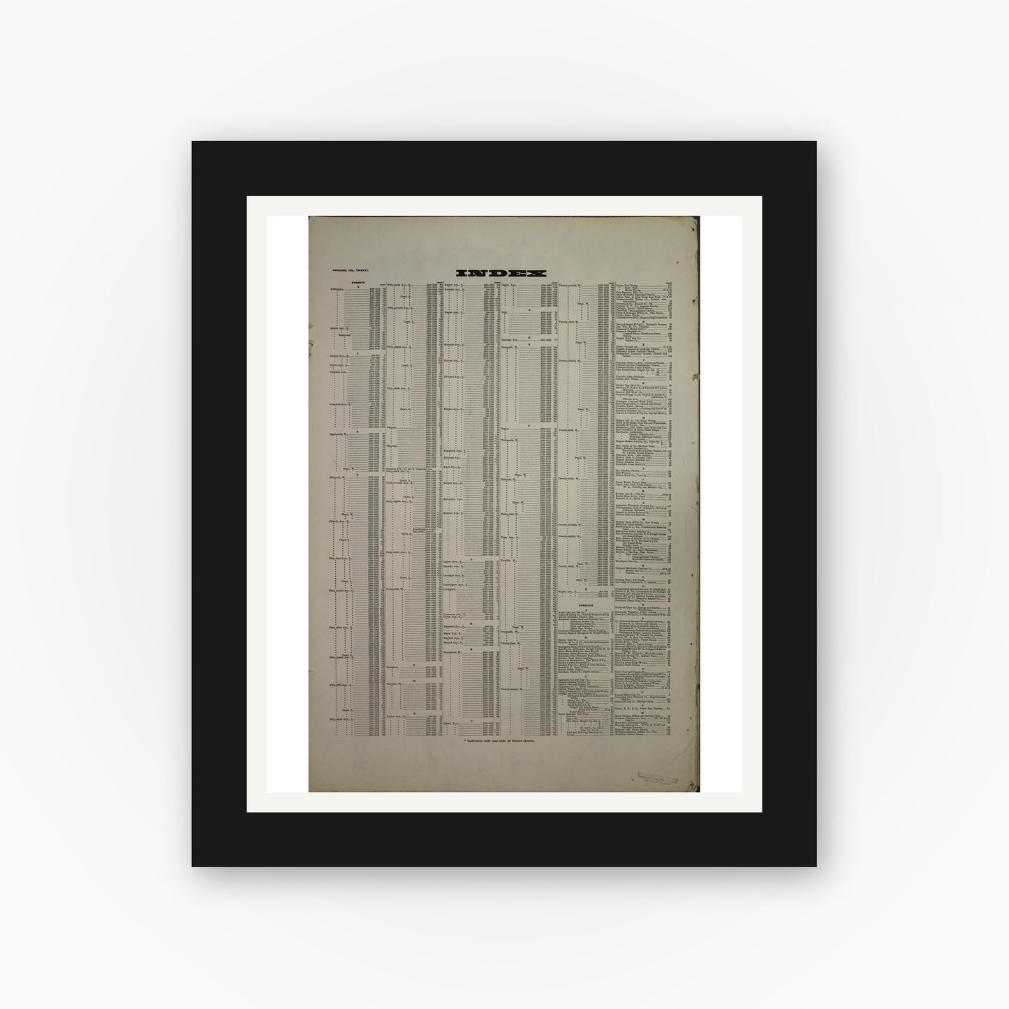 Old map wall art mockup — black gallery frame with white mat — Sanborn Fire Insurance Map from Chicago, Cook County, Illinois (1918), Sheet #0001
