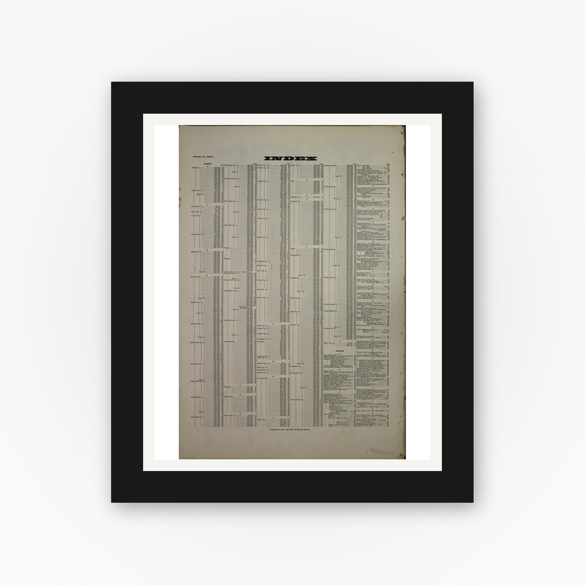 Old map wall art mockup — black gallery frame with white mat — Sanborn Fire Insurance Map from Chicago, Cook County, Illinois (1918), Sheet #0001
