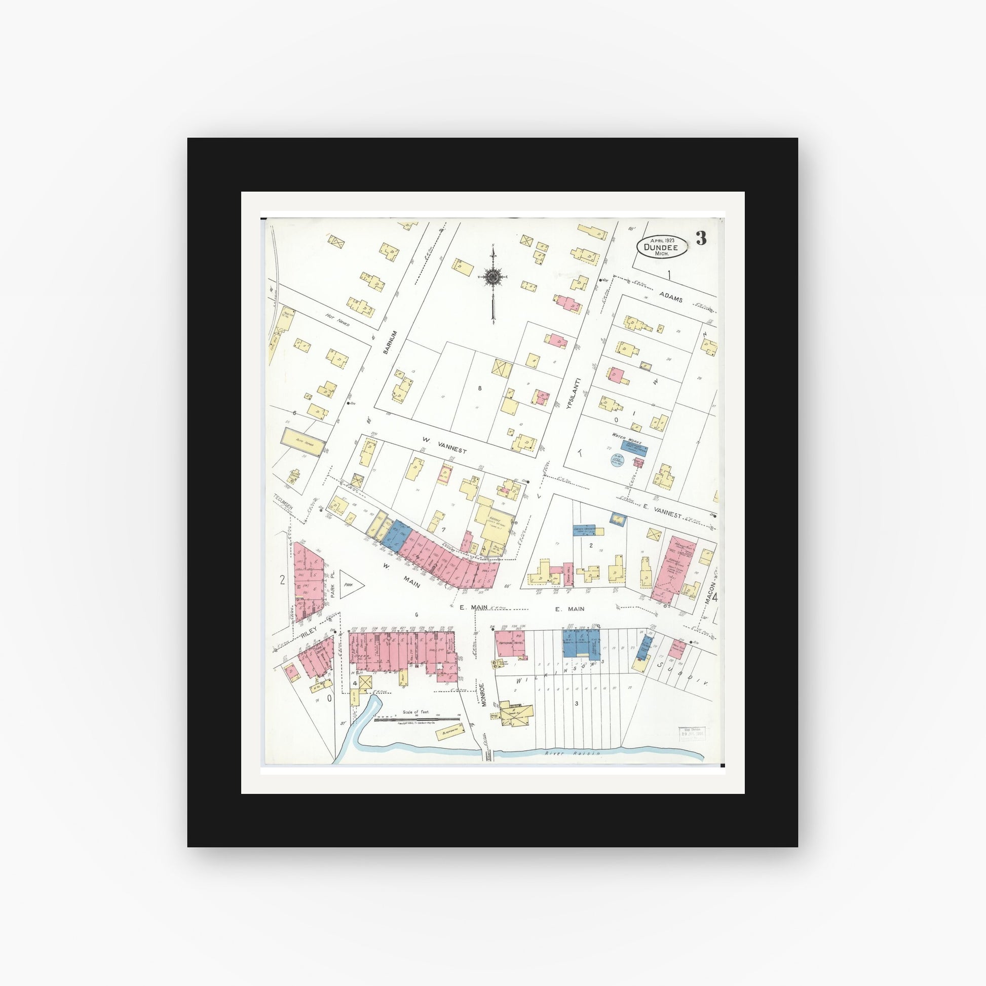 Old map wall art mockup — black gallery frame with white mat — Sanborn Fire Insurance Map from Dundee, Monroe County, Michigan (1923), Sheet #0003
