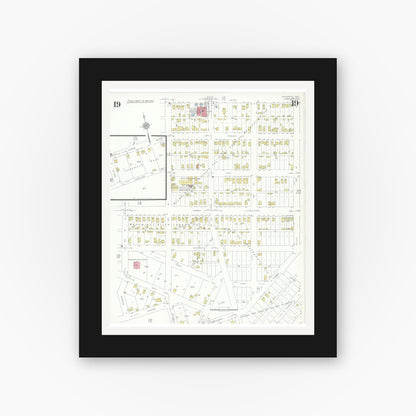 Old map wall art mockup — black gallery frame with white mat — Sanborn Fire Insurance Map from Marinette, Marinette County, Wisconsin (1935), Sheet #0019